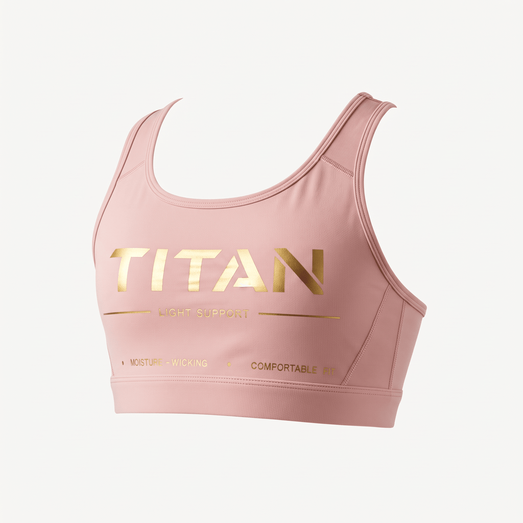 Dusty pink sports bra with gold Titan logo and light support text on a white background.