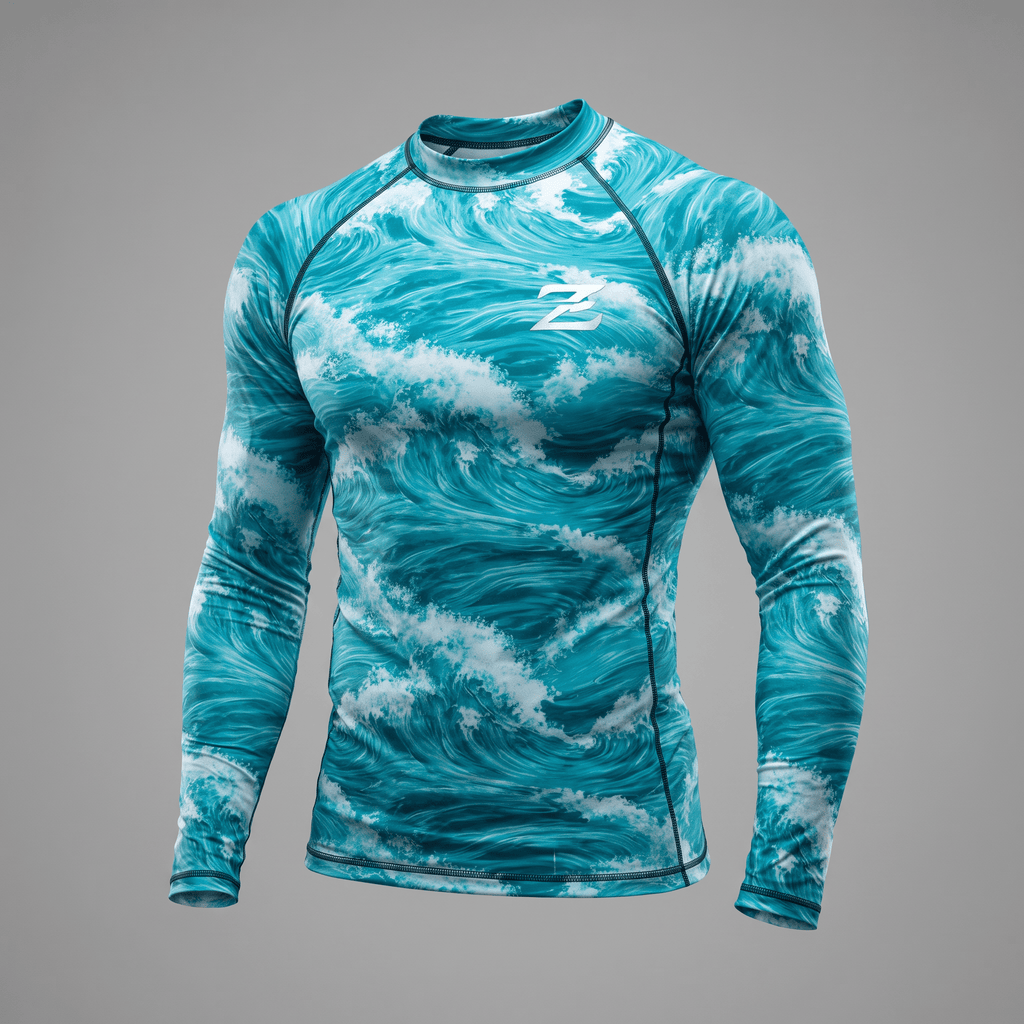 Teal ocean wave print long sleeve rash guard with a white logo on the chest.
