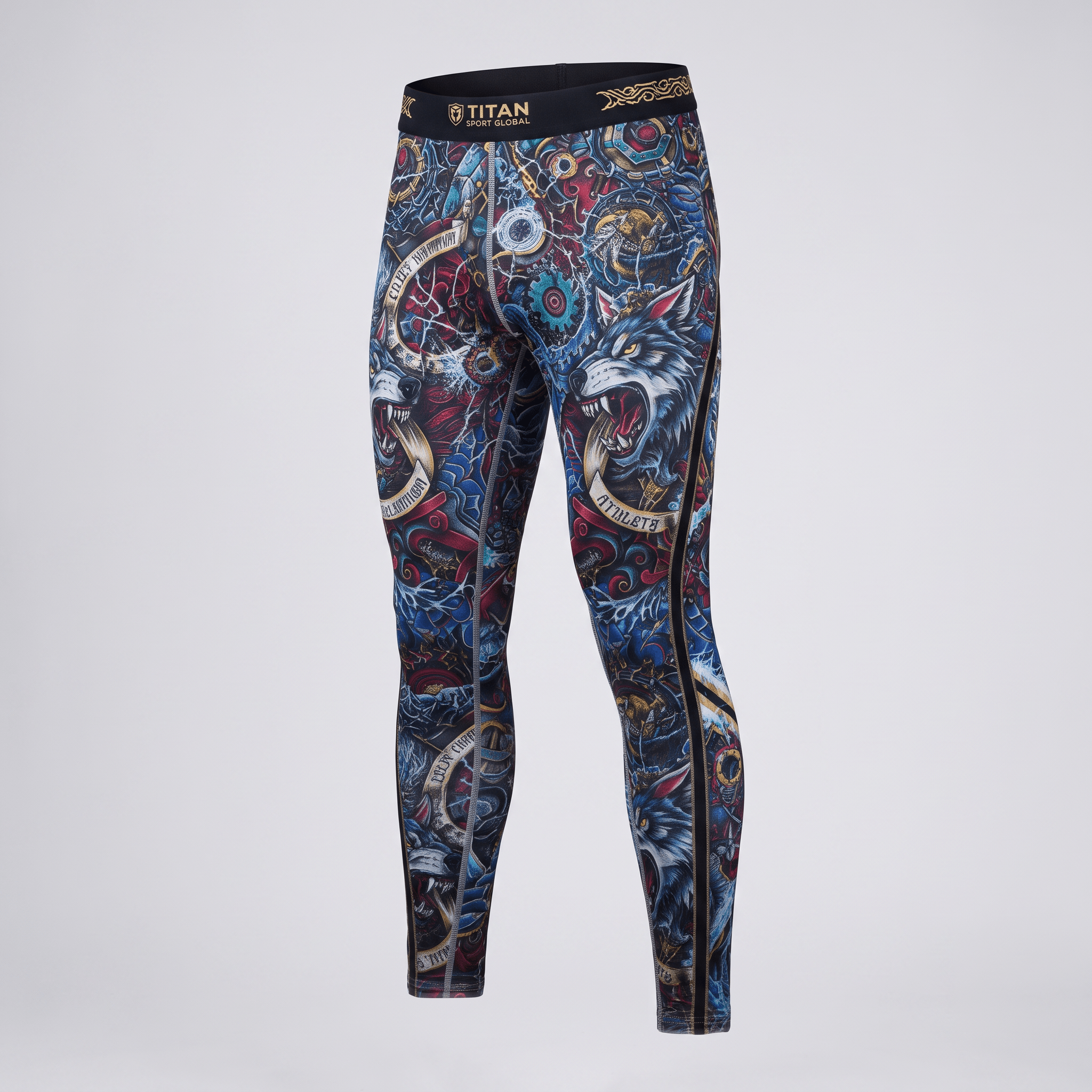 Multi-colored compression leggings featuring a detailed tattoo-style wolf graphic print and a branded waistband.