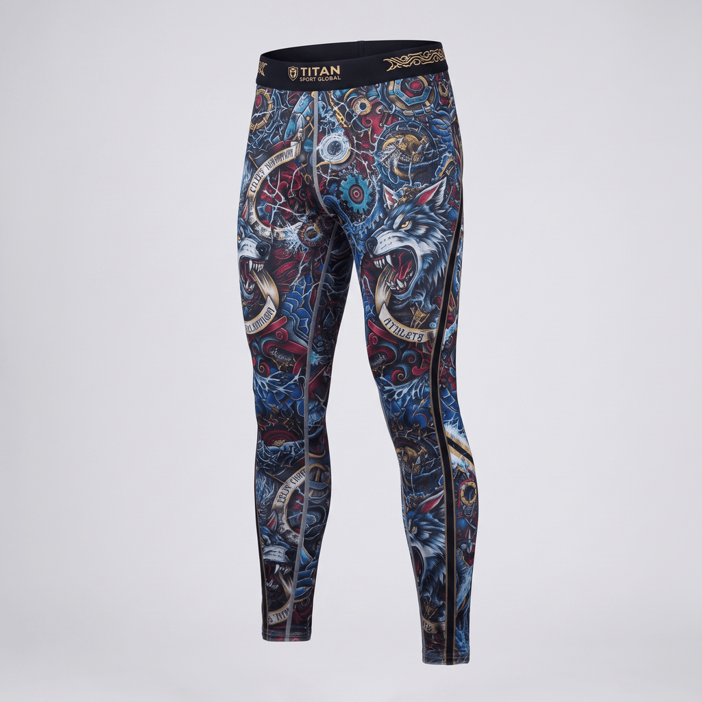 Blue and red compression tights featuring a vibrant wolf tattoo and mechanical print with a black waistband.