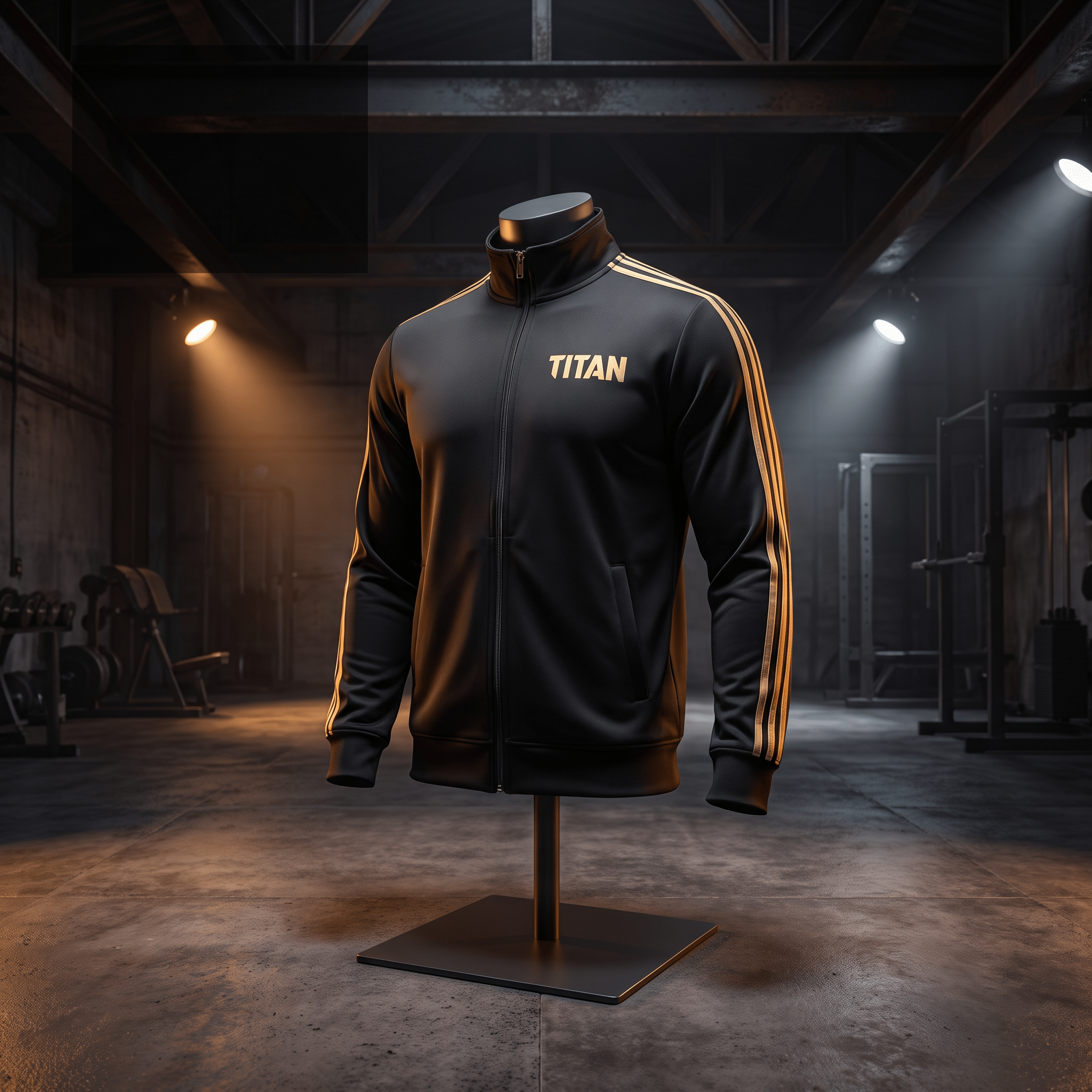 Black athletic zip-up jacket with gold stripes and "TITAN" logo on a mannequin in a gym setting.