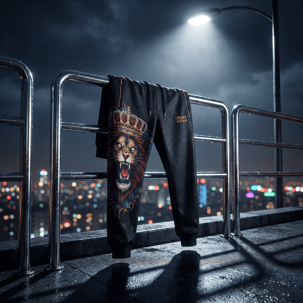 Black joggers featuring a lion wearing a crown, "Crown Edition" text, and gold accents, hanging on a metal railing.