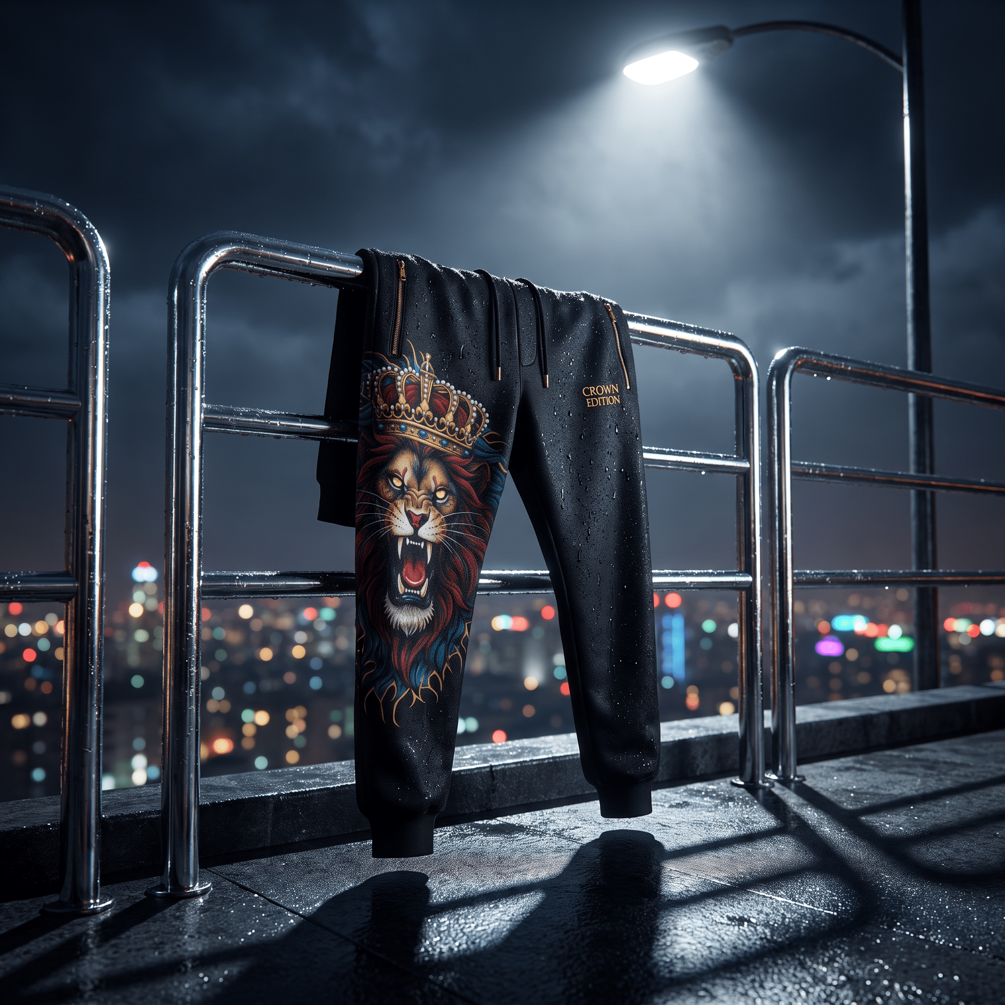 Black joggers featuring a lion wearing a crown, "Crown Edition" text, and gold accents, hanging on a metal railing.
