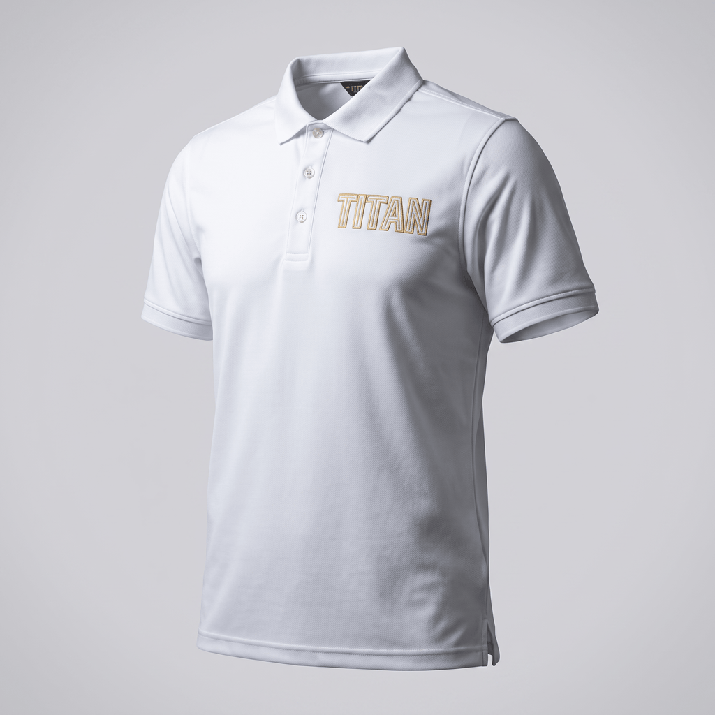White short-sleeve polo shirt with gold embroidered TITAN logo on the chest.