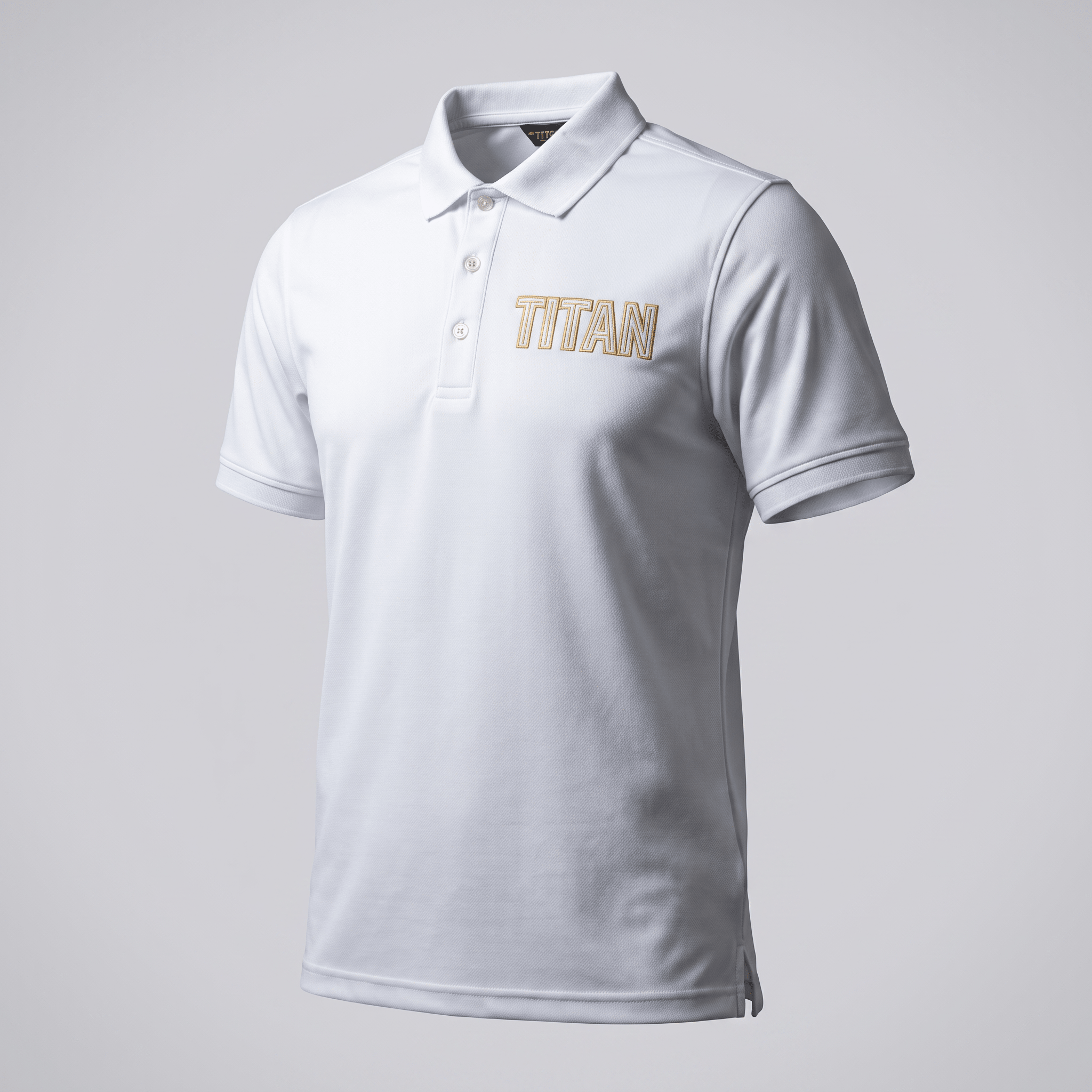 White short-sleeve polo shirt with gold Titan embroidered logo on the chest.