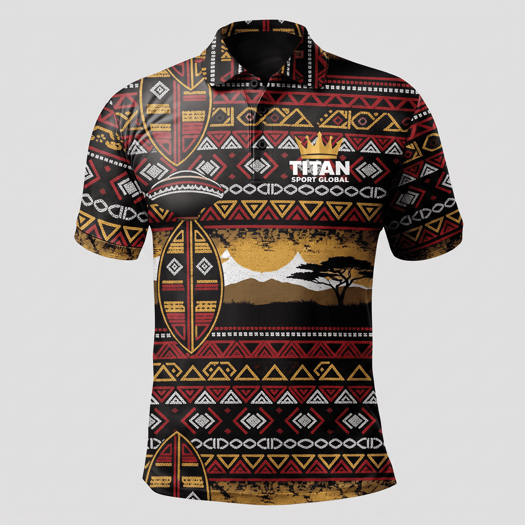 Black polo shirt featuring red, yellow, and white tribal patterns, an African landscape scene, and Titan branding.