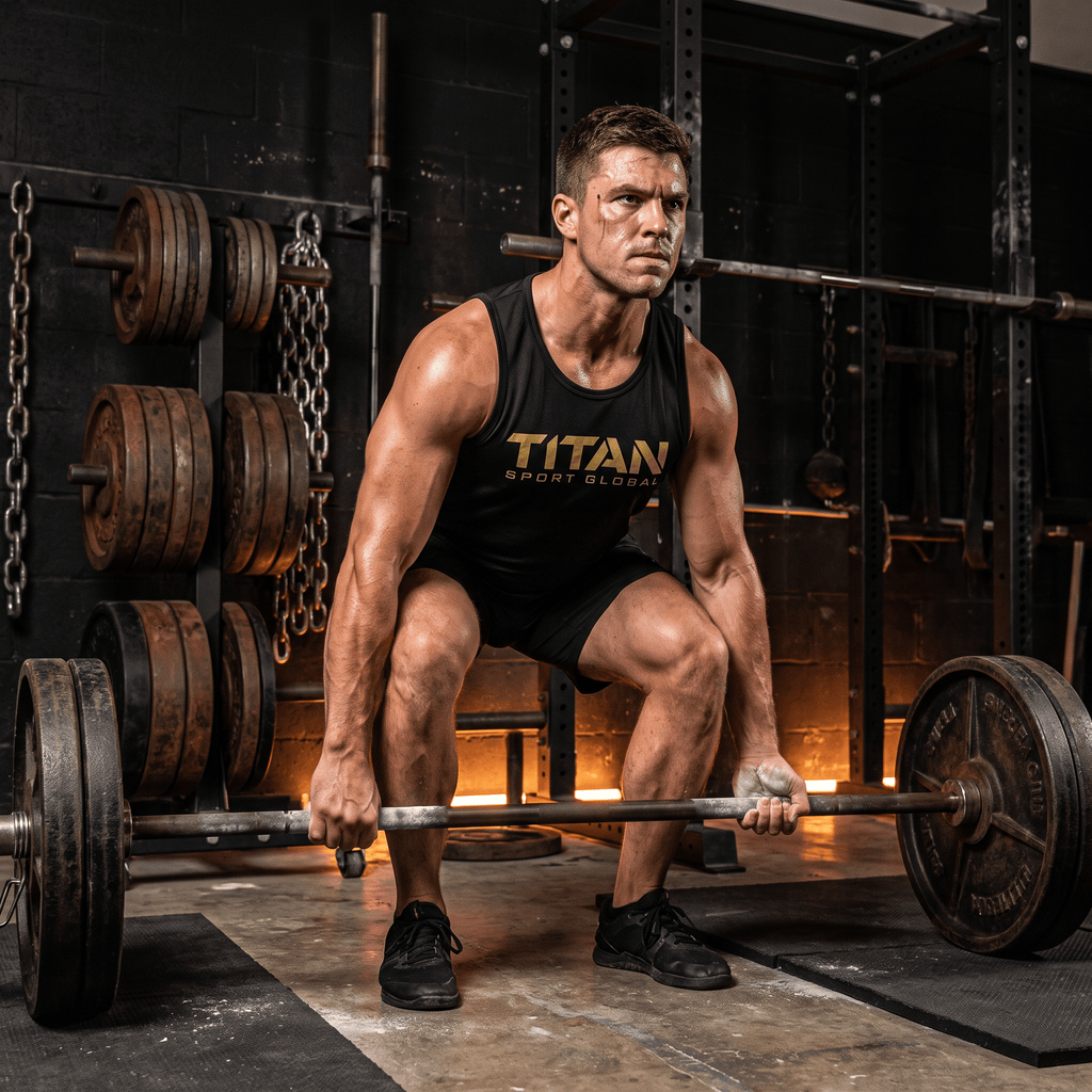 Athlete in black TITAN Performance Tank - Crown Edition lifting barbell in gym.