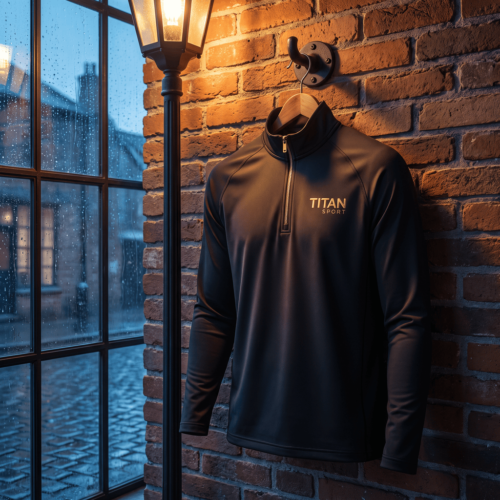 Black Titan Sport quarter-zip athletic pullover hanging on a brick wall hook under a street lamp.