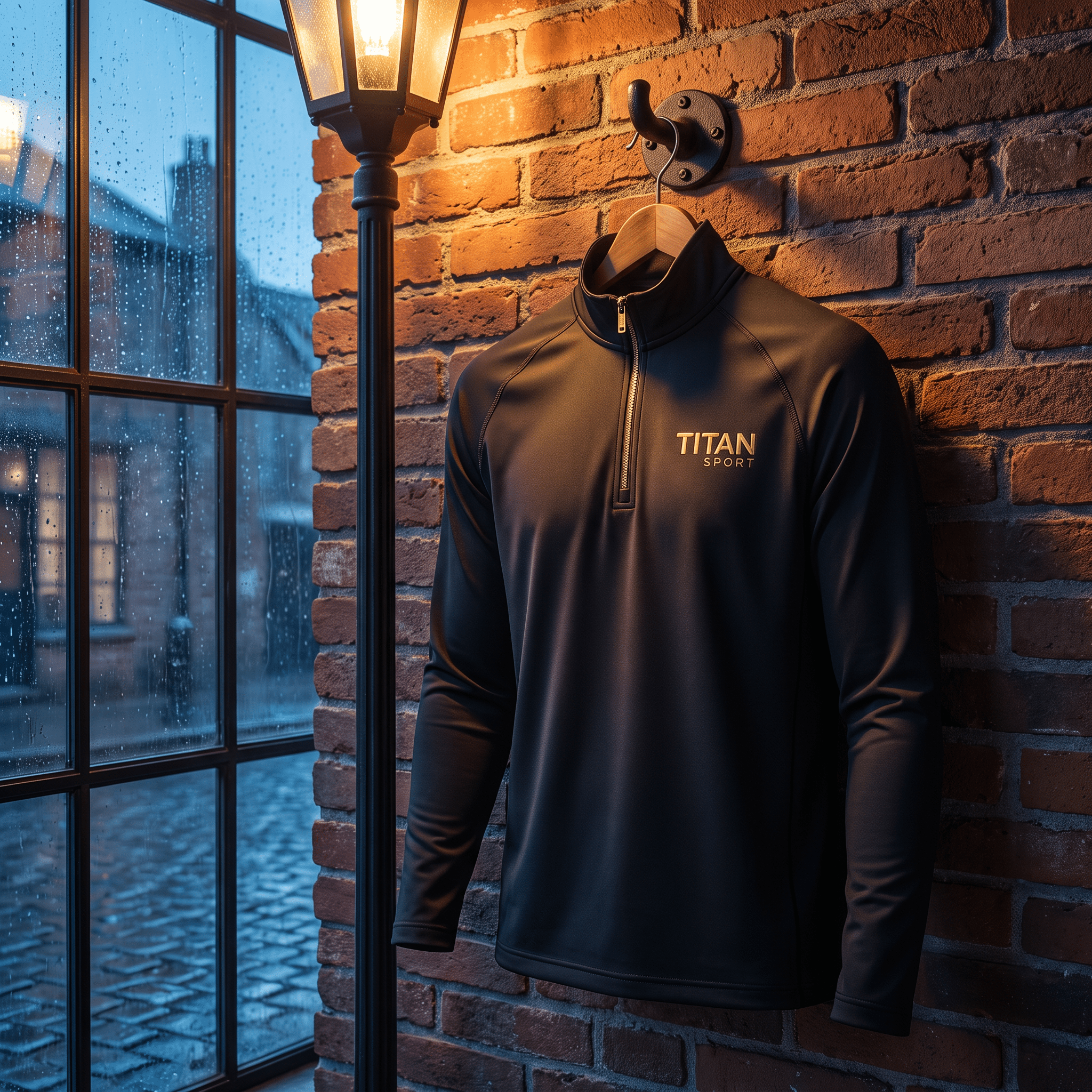 Black Titan Sport quarter-zip athletic pullover hanging on a brick wall hook under a street lamp.