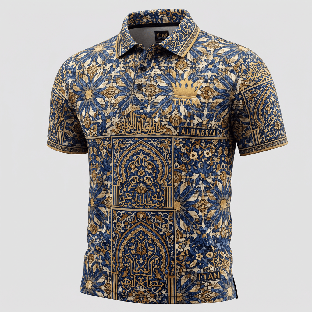 Blue and gold polo shirt featuring intricate Alhambra architectural patterns and crown logo on a light background.