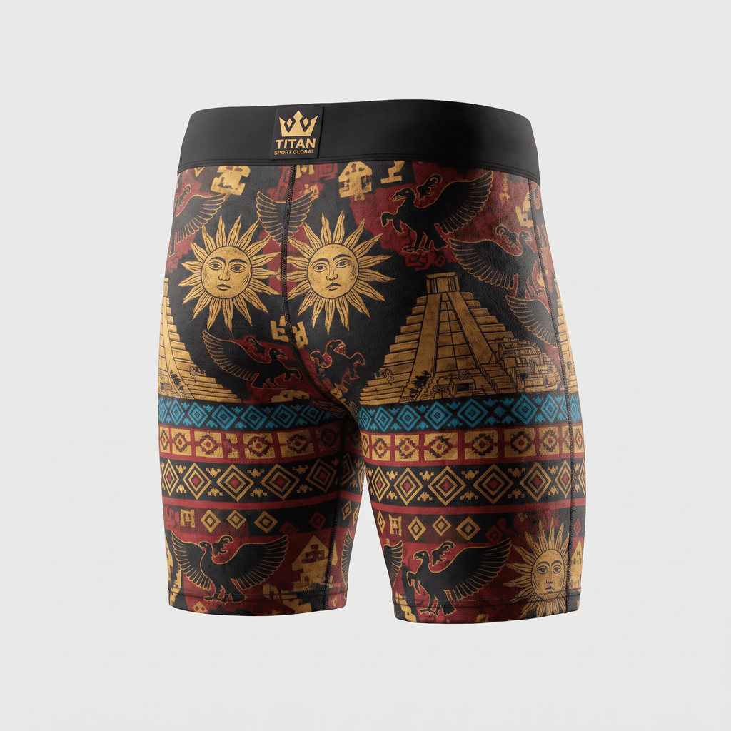 Rear view of performance boxer briefs featuring an ancient Mayan motif with suns and pyramids in red, gold, and black.