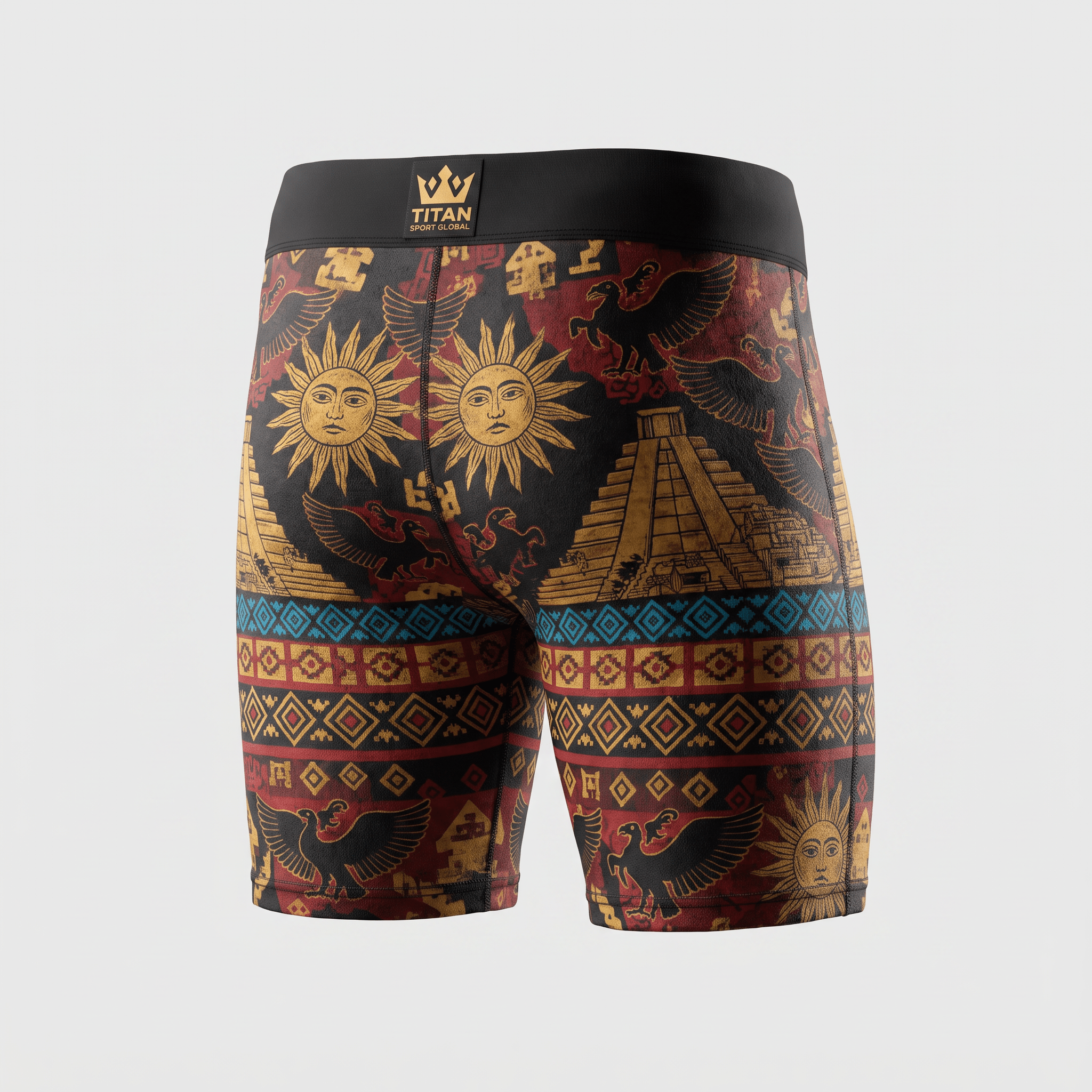 Rear view of performance boxer briefs featuring an ancient Mayan motif with suns and pyramids in red, gold, and black.