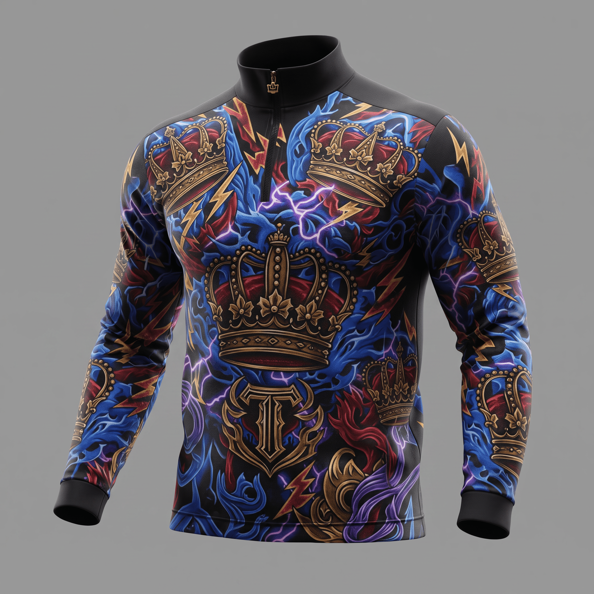 Black long-sleeve quarter-zip shirt with blue and red crown, flame, and lightning graphic print.
