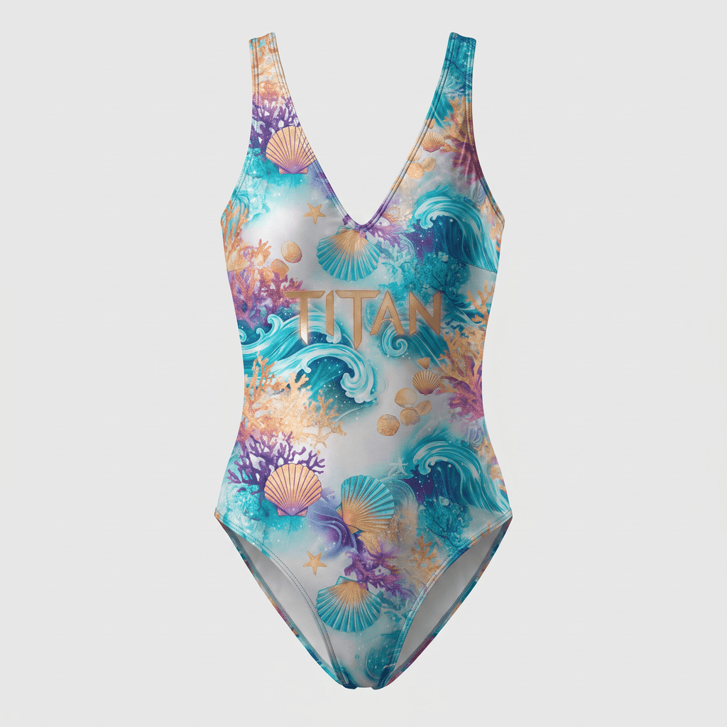 One-piece swimsuit in blue and purple with ocean print, seashells, coral, and gold Titan logo.