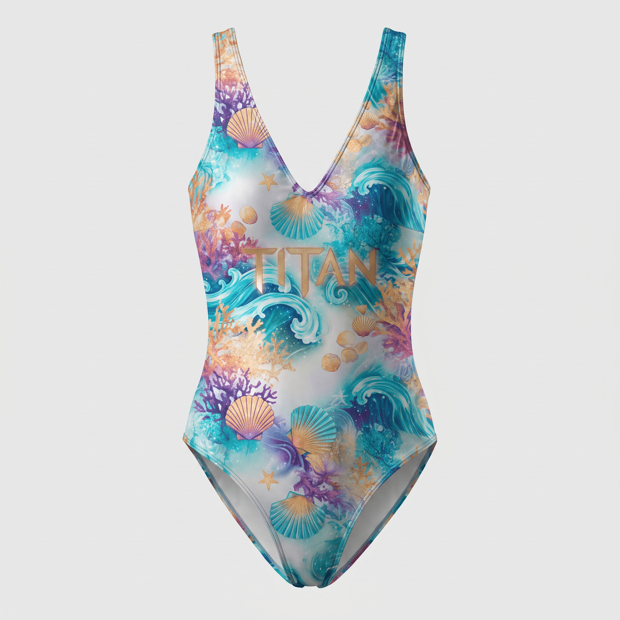 One-piece swimsuit in blue and purple with ocean print, seashells, coral, and gold Titan logo.