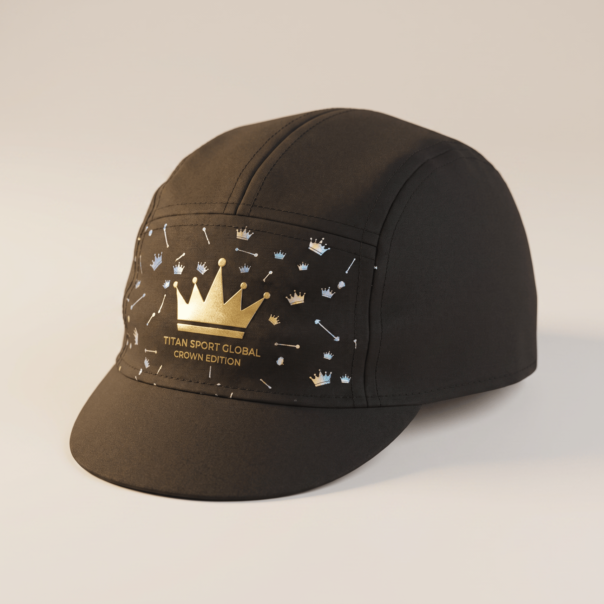 Black cycling cap with Titan Sport Global Crown Edition graphic, gold crown logo, and small silver crowns.