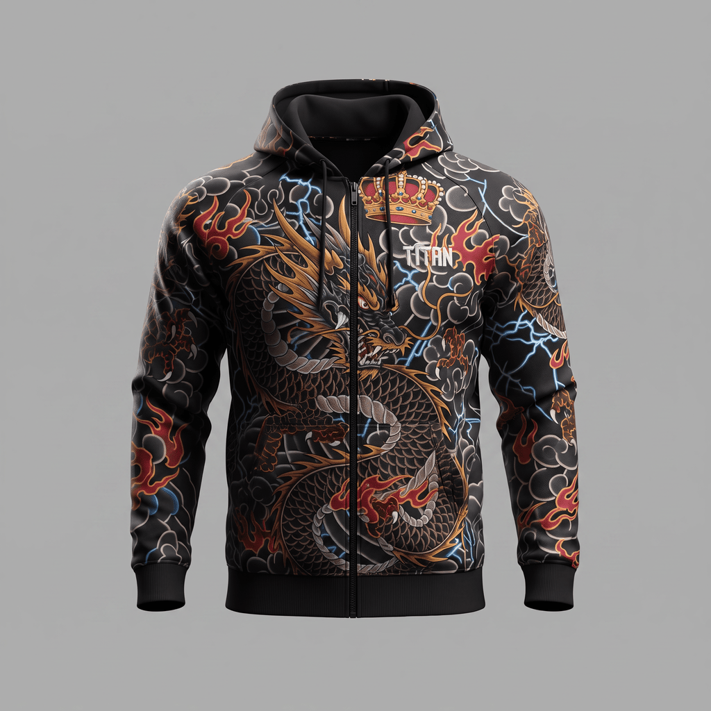 Black zip hoodie featuring Japanese dragon, crown, clouds, and lightning graphic print.
