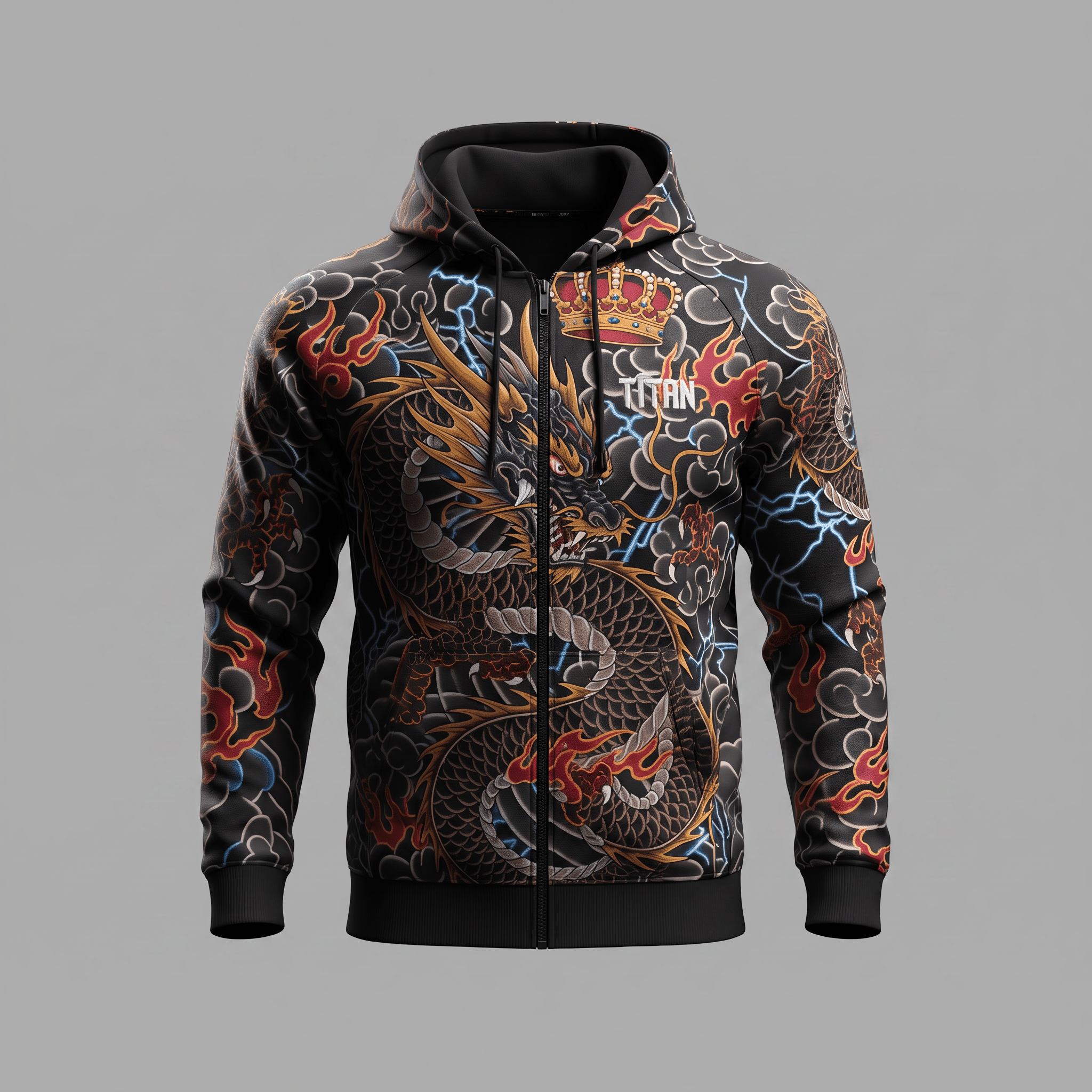 Black zip-up hoodie featuring an intricate Japanese dragon, crown, and lightning graphic print.