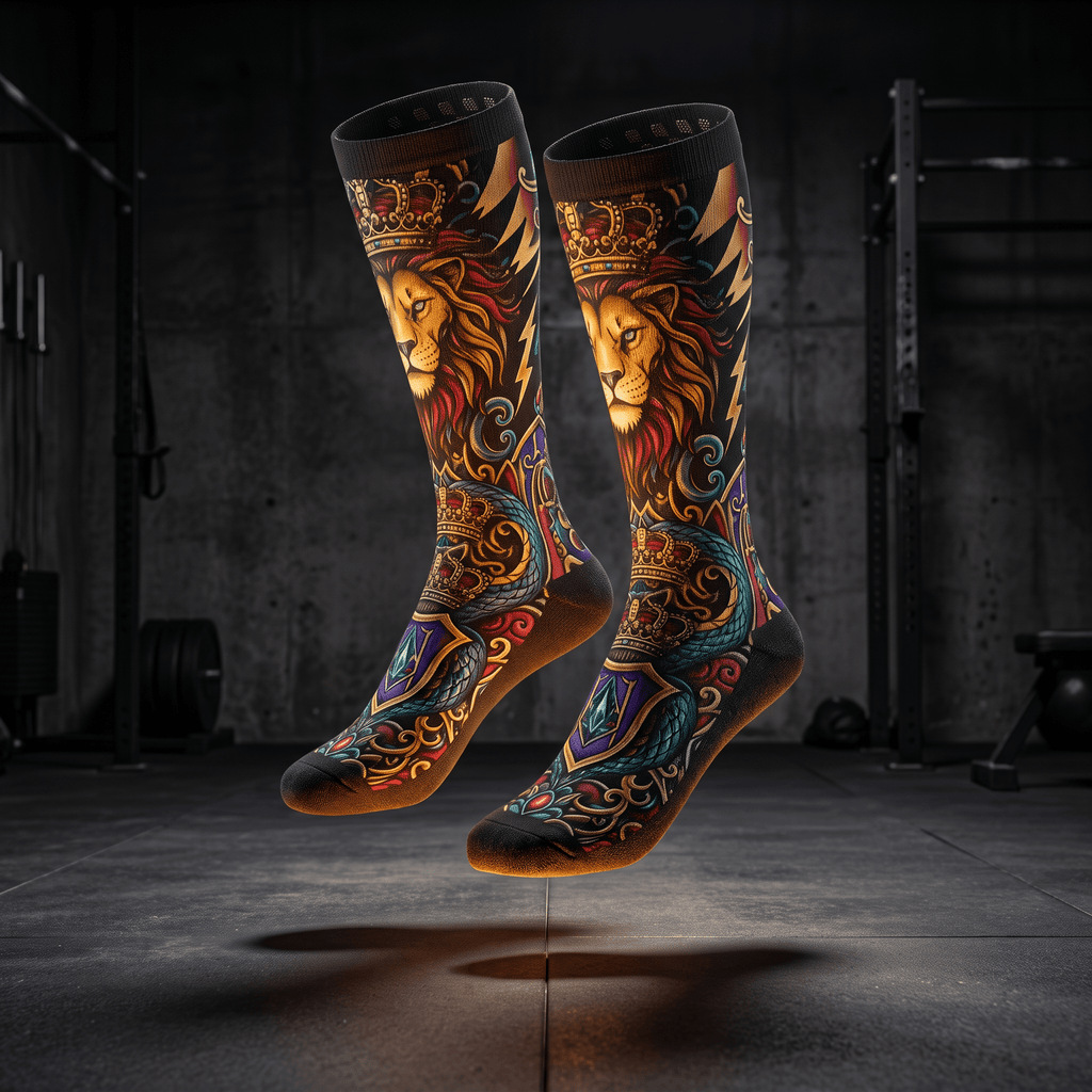 Black athletic crew socks with a vibrant lion and crown print in a gym setting.