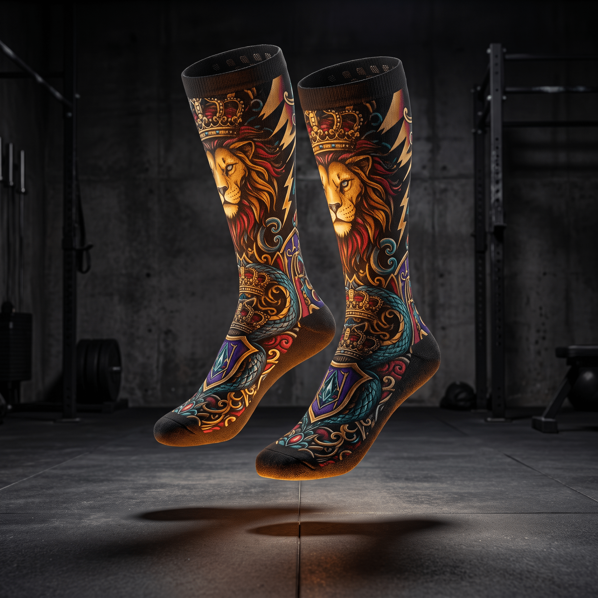 Black athletic crew socks with a vibrant lion and crown print in a gym setting.