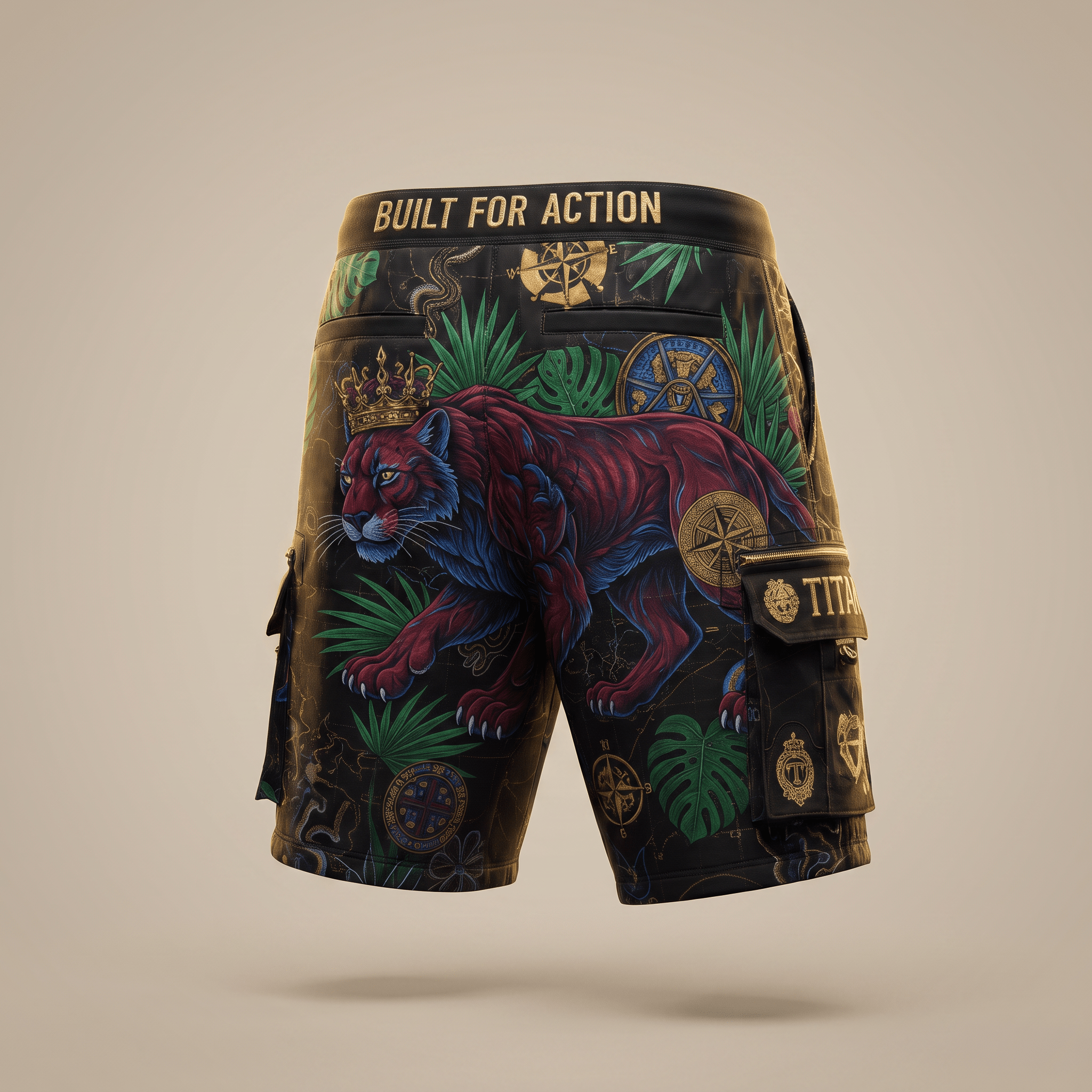 Back view of black action shorts featuring a crowned tiger graphic, tropical leaves, and gold detailing.