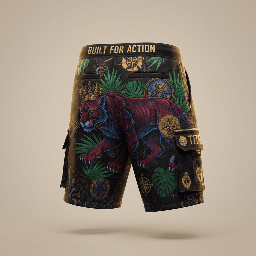 Black cargo shorts featuring a red and blue tiger graphic wearing a crown with tropical foliage and gold accents.