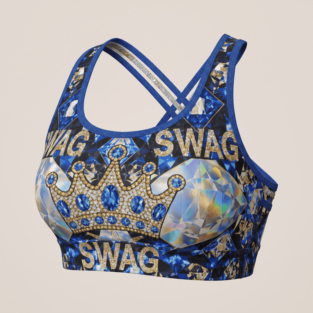 Blue sports bra featuring a jeweled crown graphic, Swag text, and diamond patterns with crisscross straps.