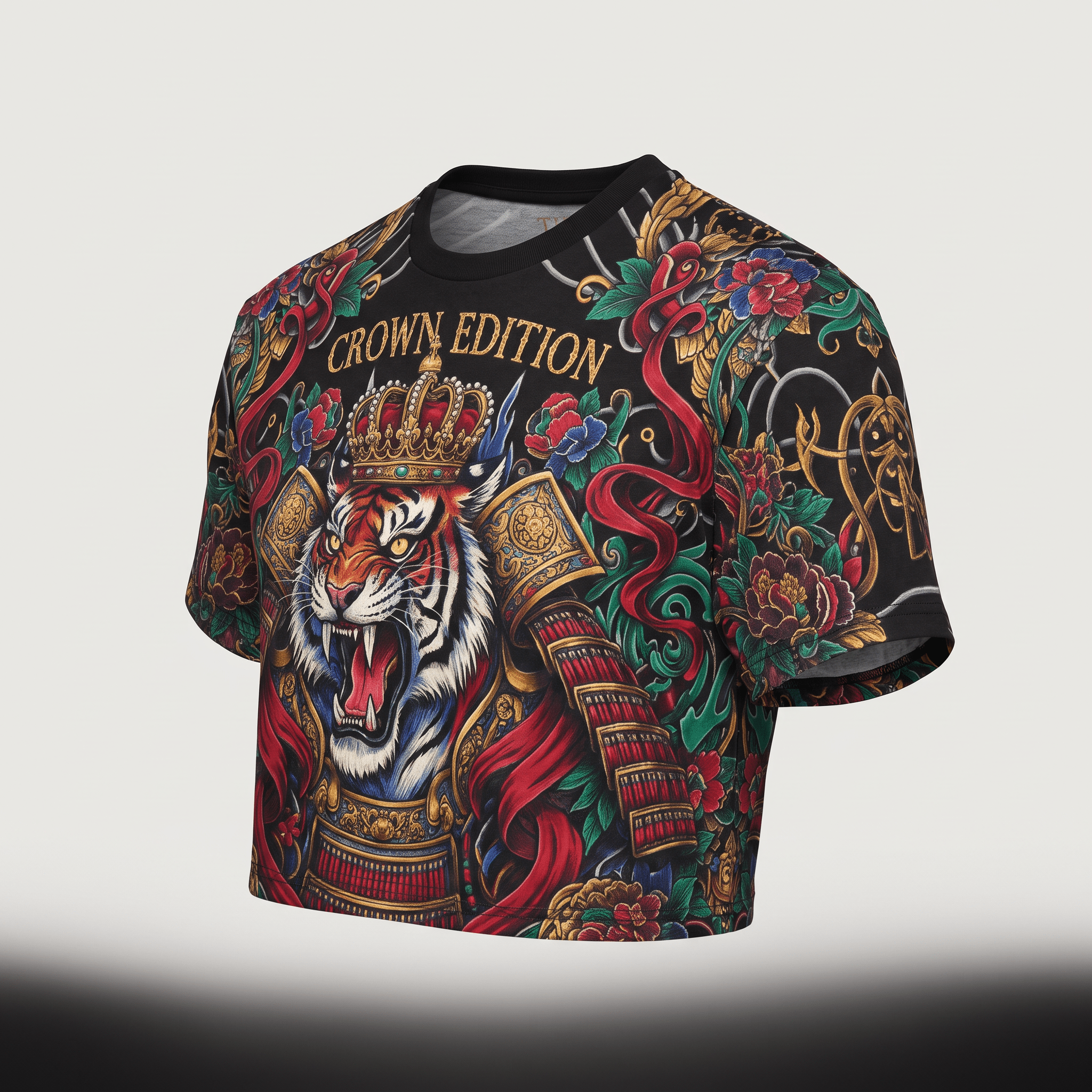 Black crop top with a colorful tiger crown samurai graphic and floral print.