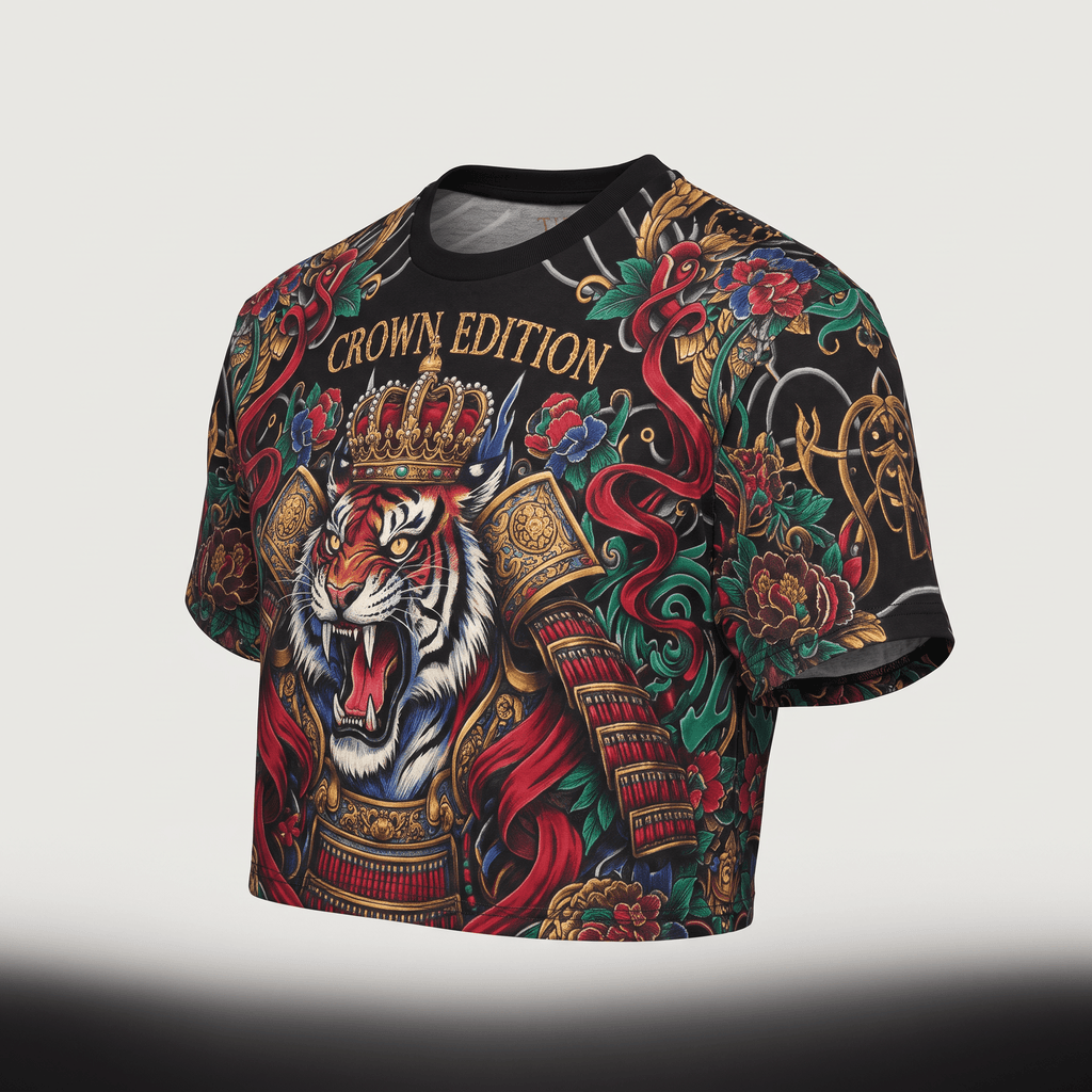 Black t-shirt featuring a detailed tiger in samurai armor, crown edition text, and colorful floral patterns.