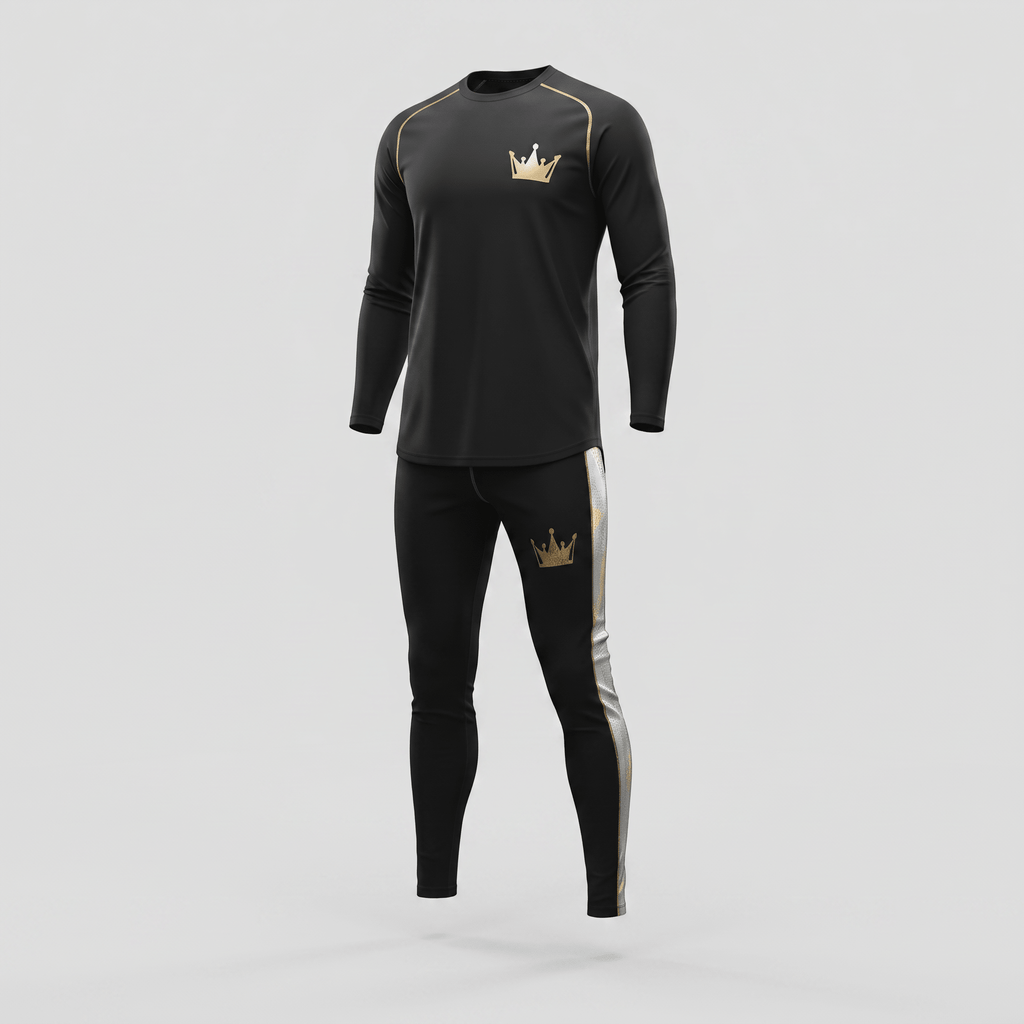Black long-sleeve rash guard and matching leggings with gold crown logo and silver leg stripe.