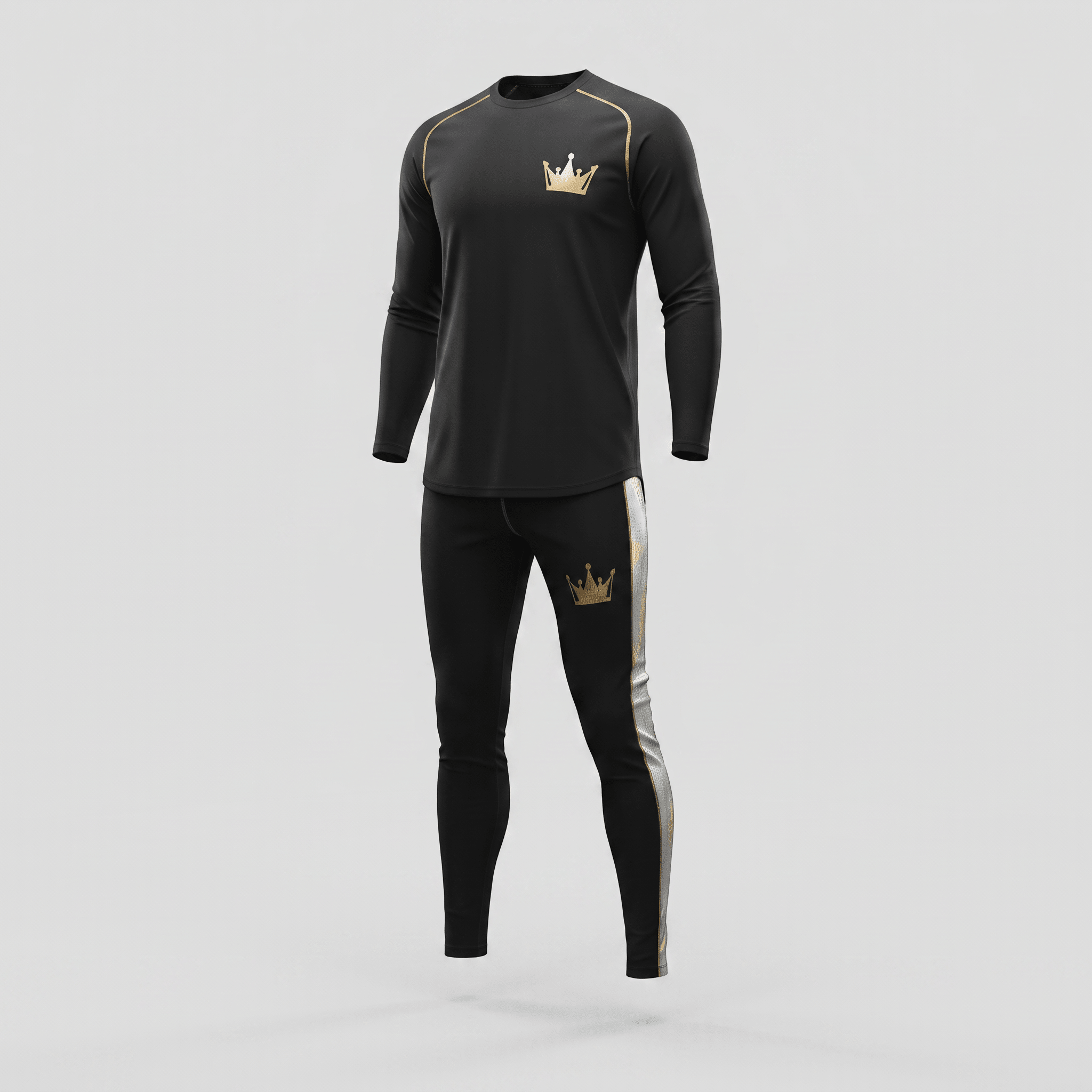 Black long-sleeve rash guard and matching leggings with gold crown logo and silver leg stripe.