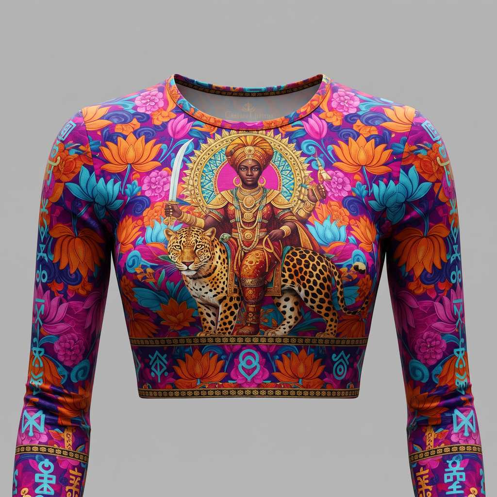 Vibrant long-sleeve crop top featuring a colorful goddess and leopard art print in pink, orange, and blue.