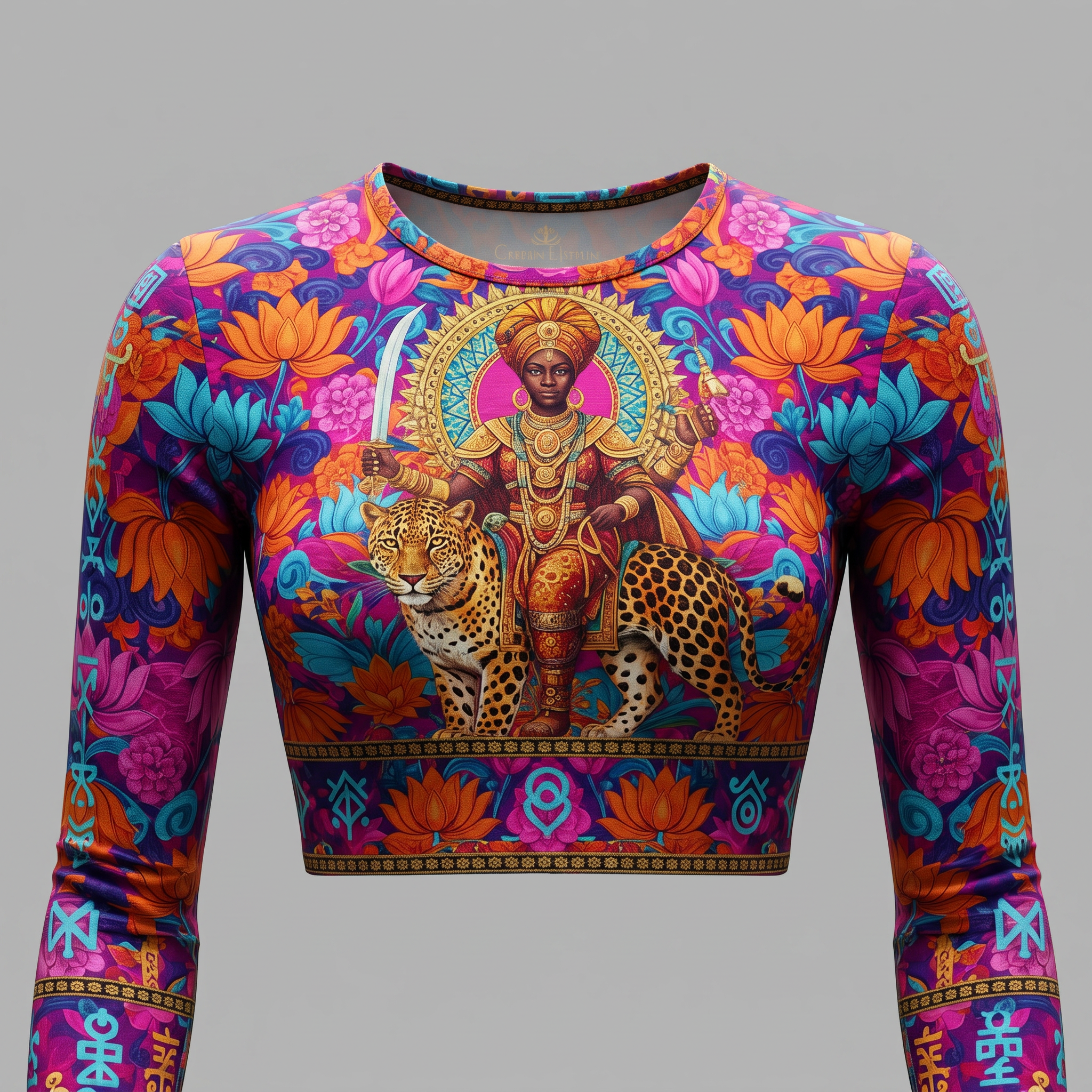 Vibrant long-sleeve crop top featuring a colorful goddess and leopard art print in pink, orange, and blue.