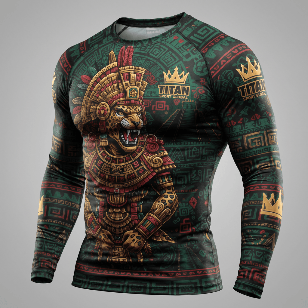 Green long-sleeve rash guard featuring an Aztec warrior jaguar graphic and Mayan patterns.