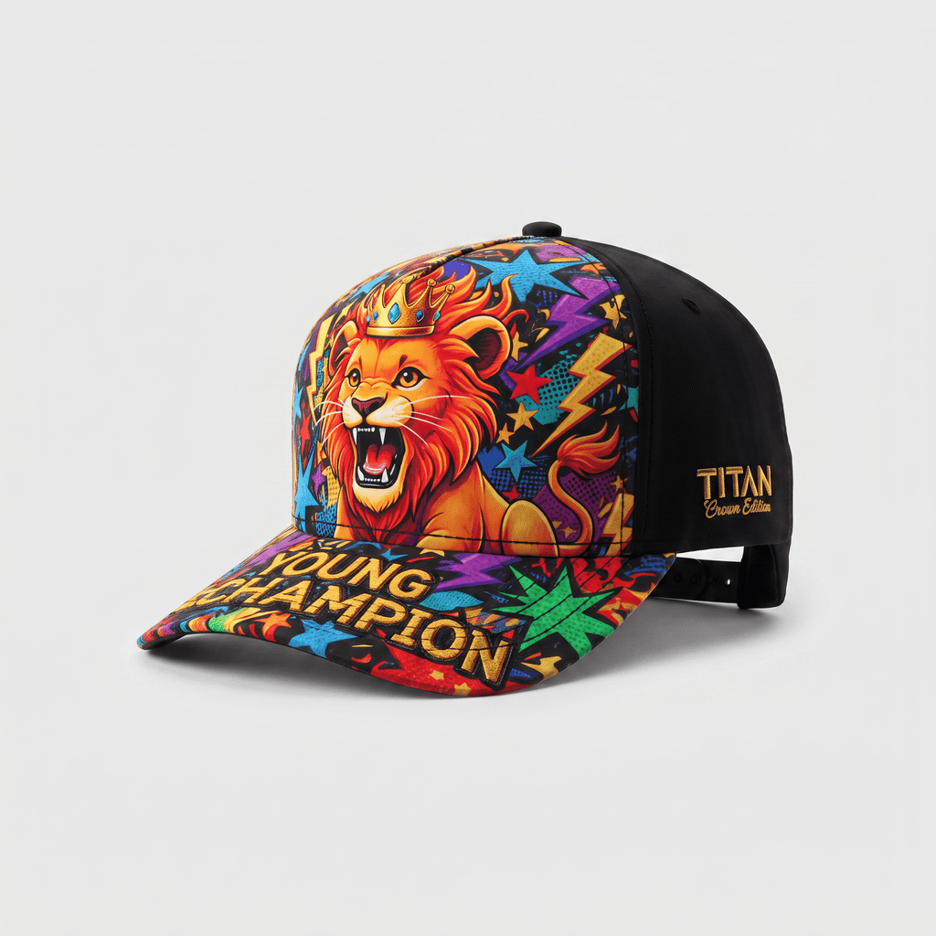 Black baseball cap featuring a vibrant cartoon lion graphic, gold crown, and Young Champion text on the brim.