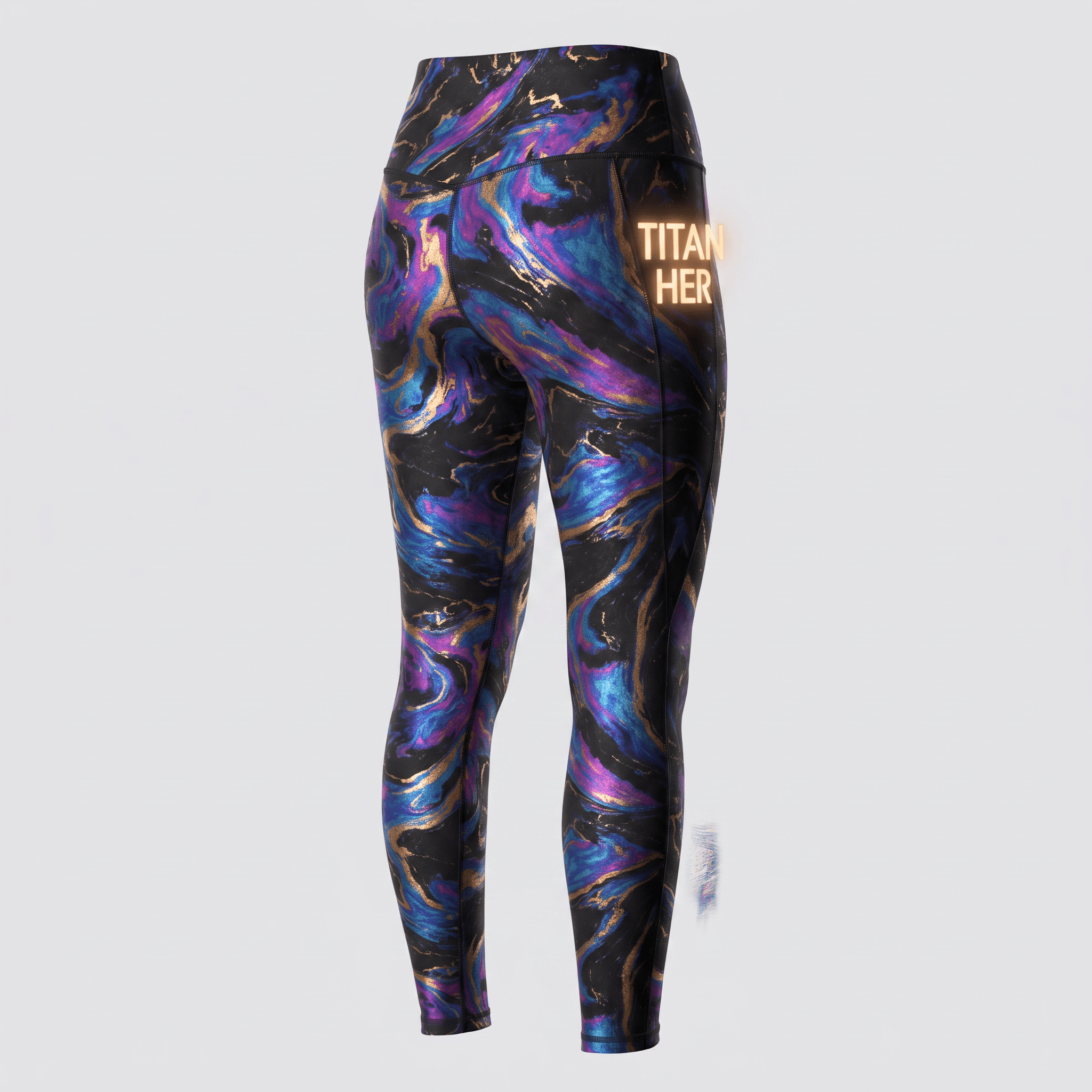 Rear view of high-waisted active leggings in a black, blue, and purple marble pattern with gold details and Titan Her logo.