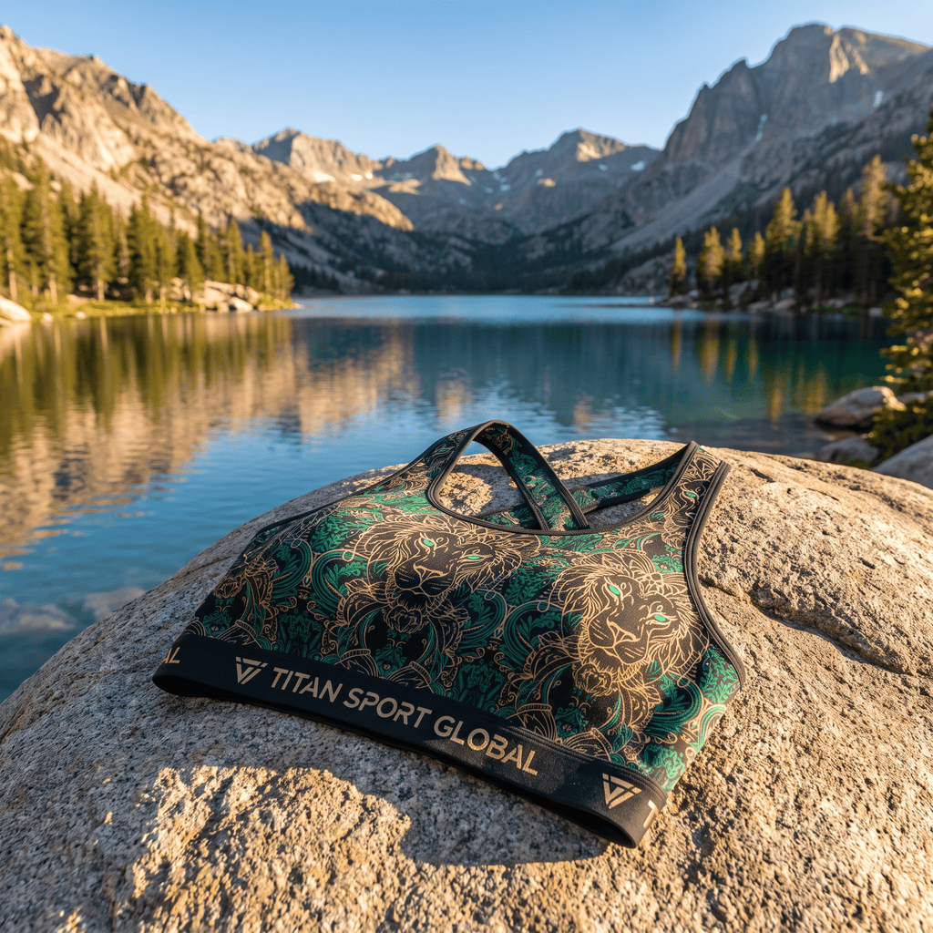 Black and teal sports bra with intricate gold lion print, resting on a rock by a mountain lake.