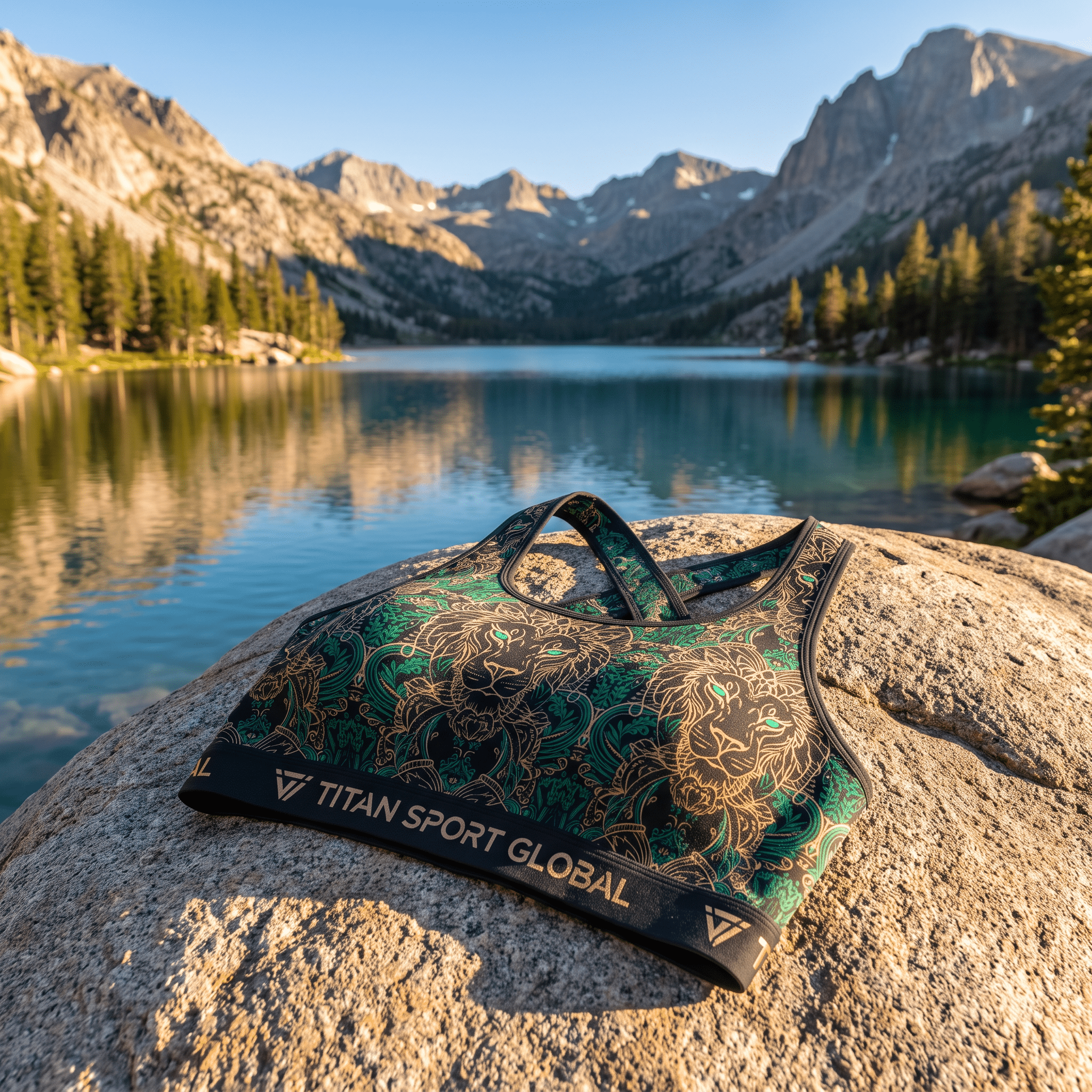Black and teal sports bra with intricate gold lion print, resting on a rock by a mountain lake.