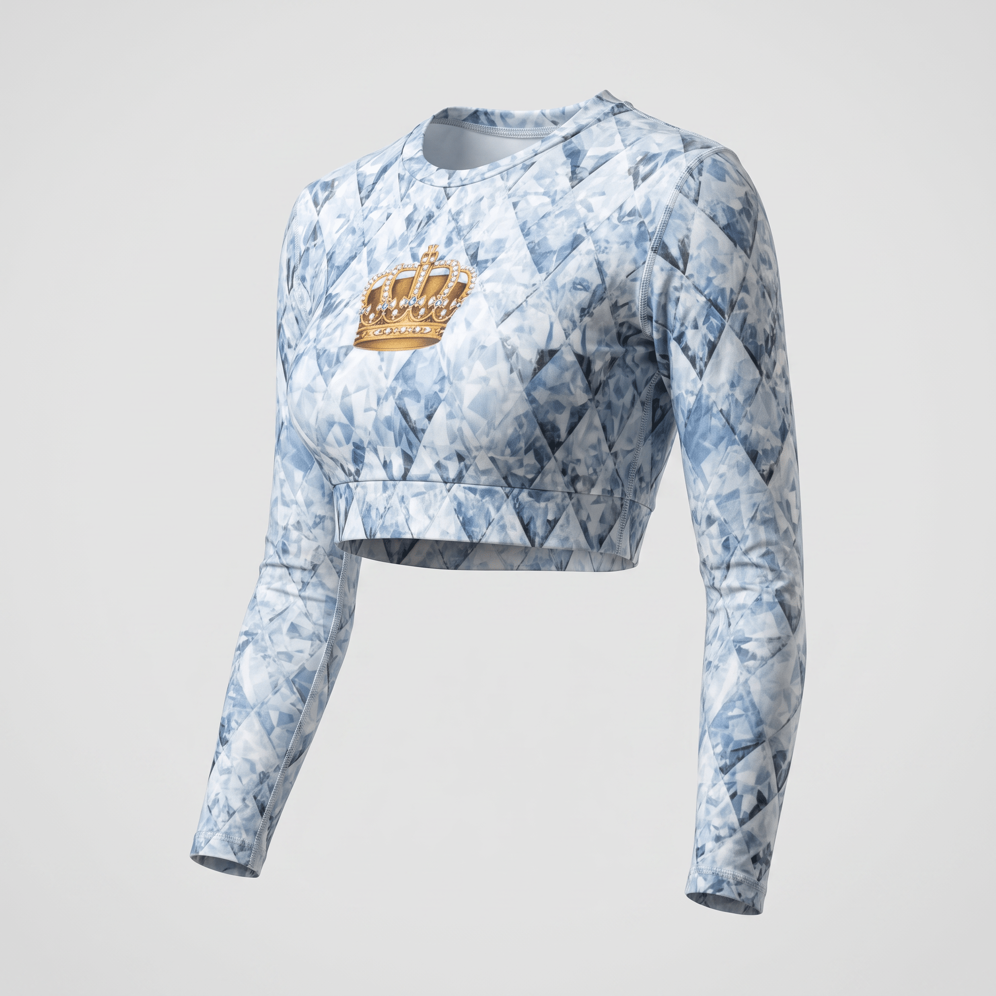 Blue diamond print long-sleeve crop top with a gold crown graphic on the chest.