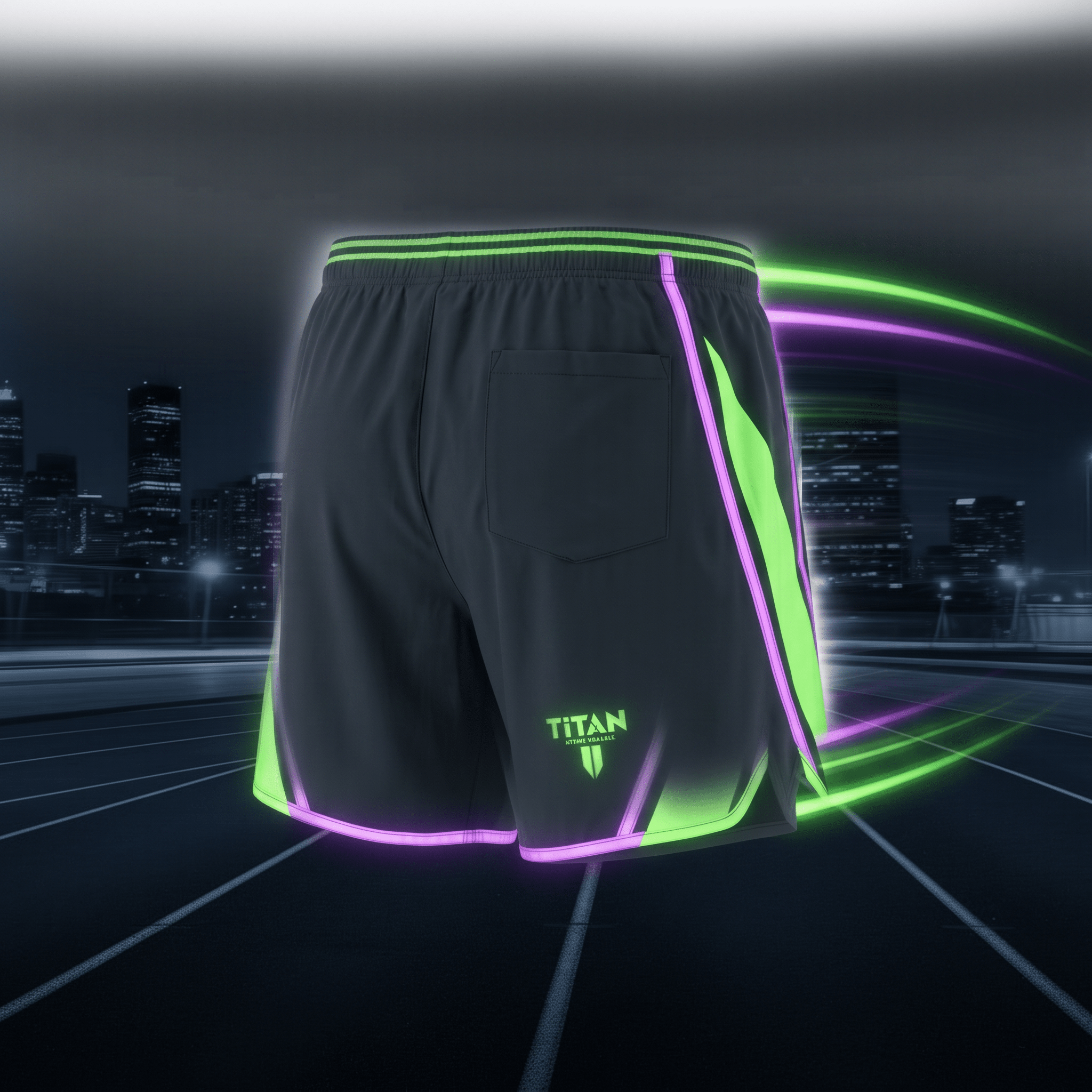Back view of dark grey athletic shorts with neon green and purple accents against a city skyline.