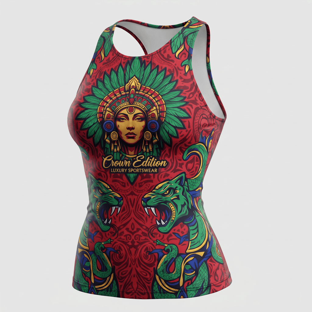 Red athletic tank top with green and gold Aztec goddess and serpent graphic print.