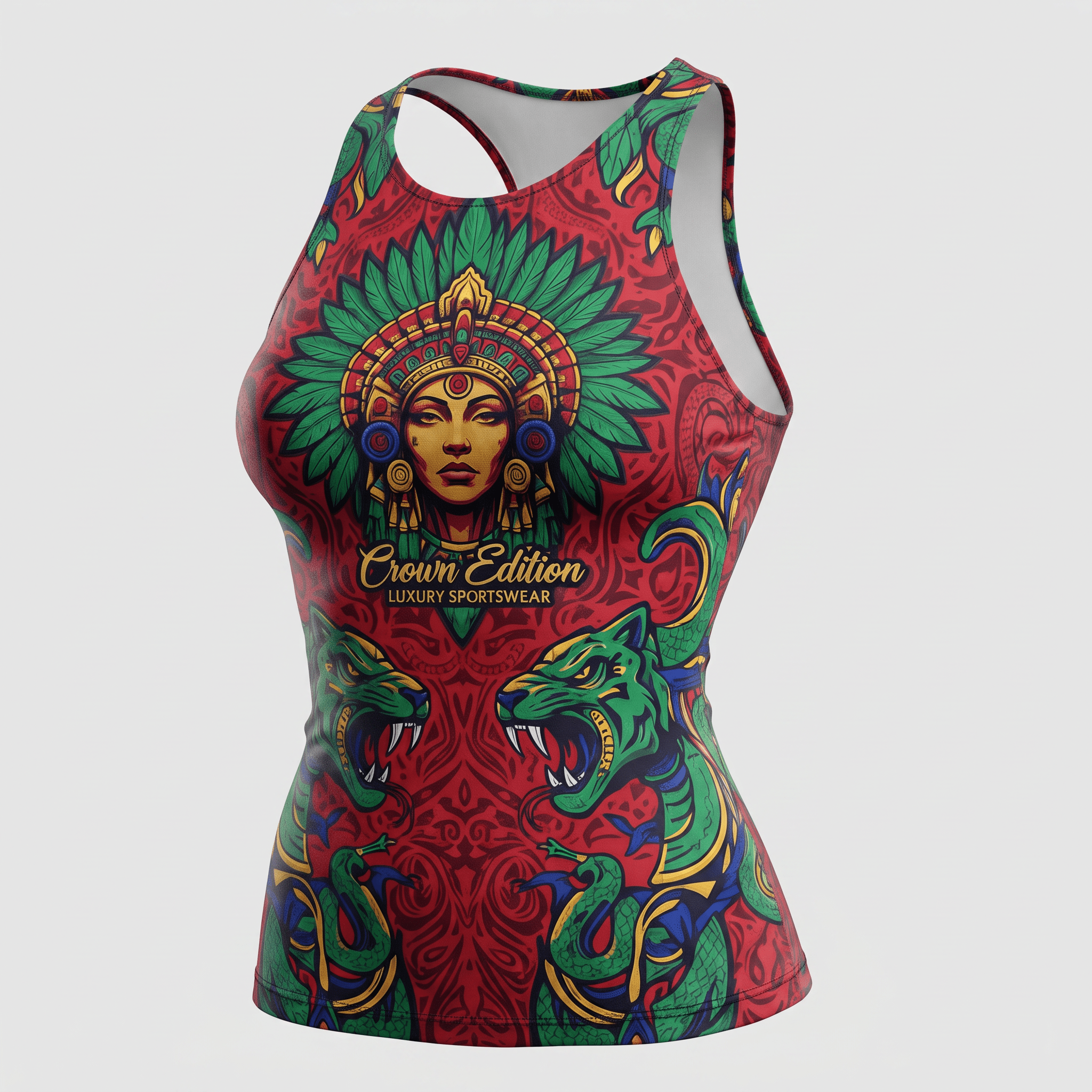 Red athletic tank top with green and gold Aztec goddess and serpent graphic print.