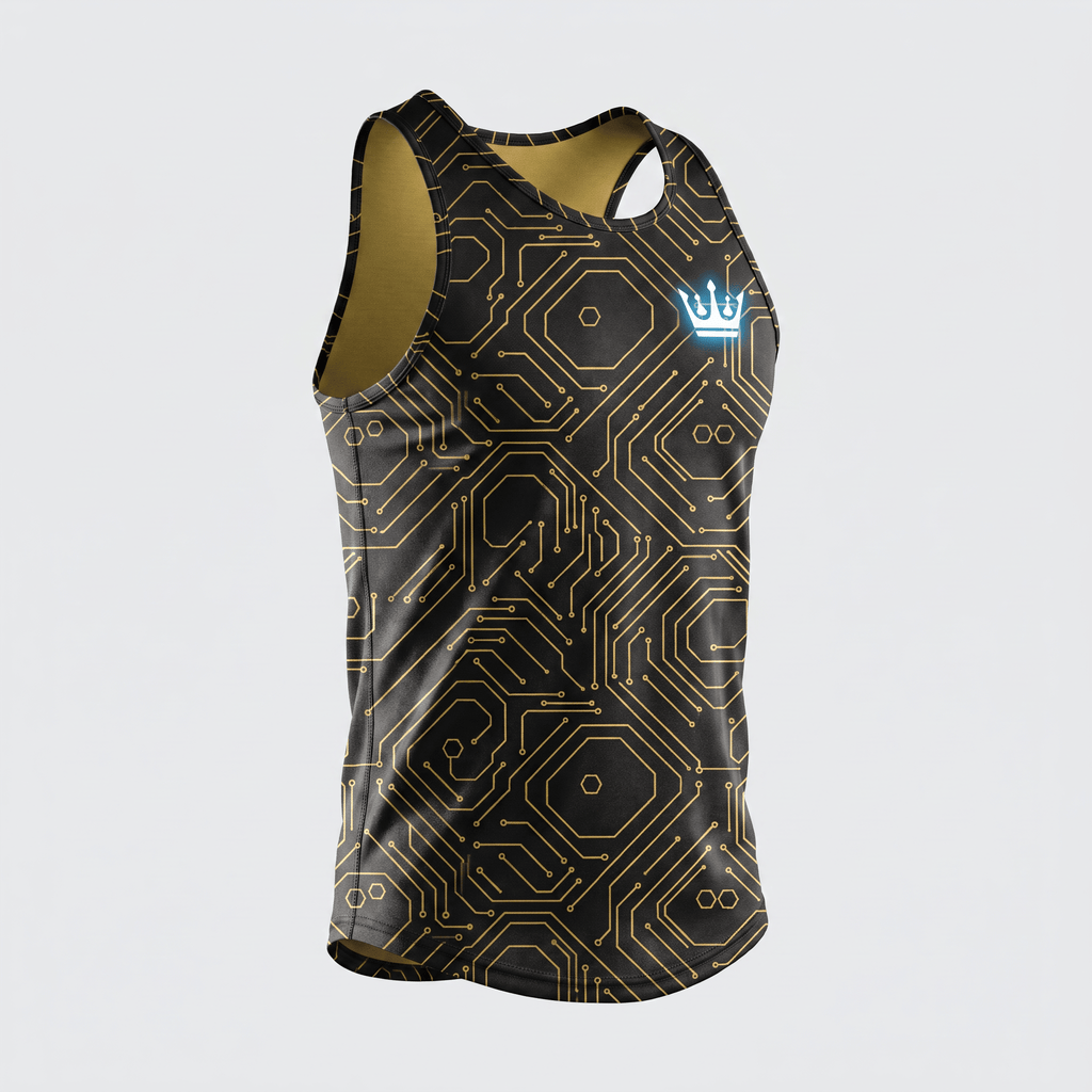 Black and gold circuit board pattern tank top with a blue glowing crown logo on the chest.