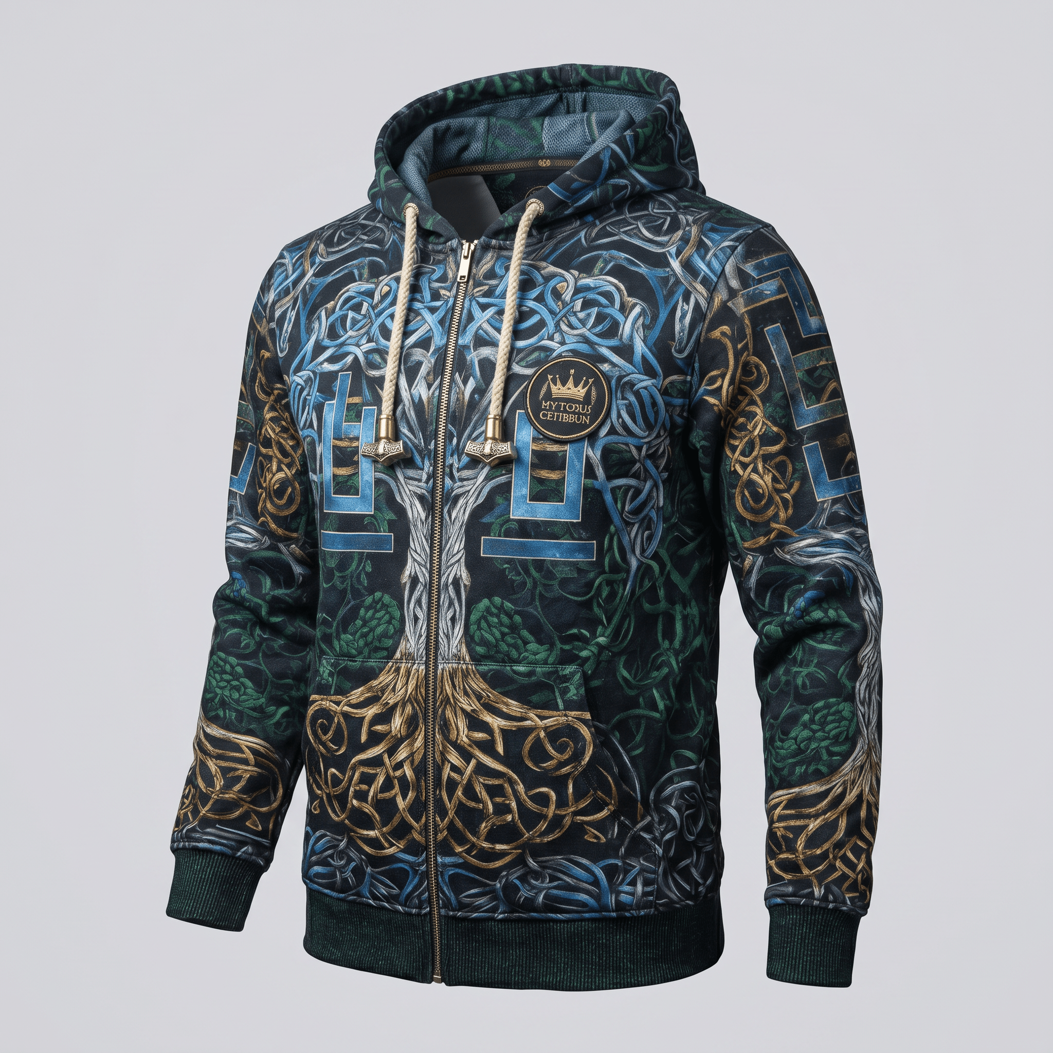 Green and blue zip-up hoodie featuring an intricate Norse tree of life graphic, crown patch, and metallic drawstrings.