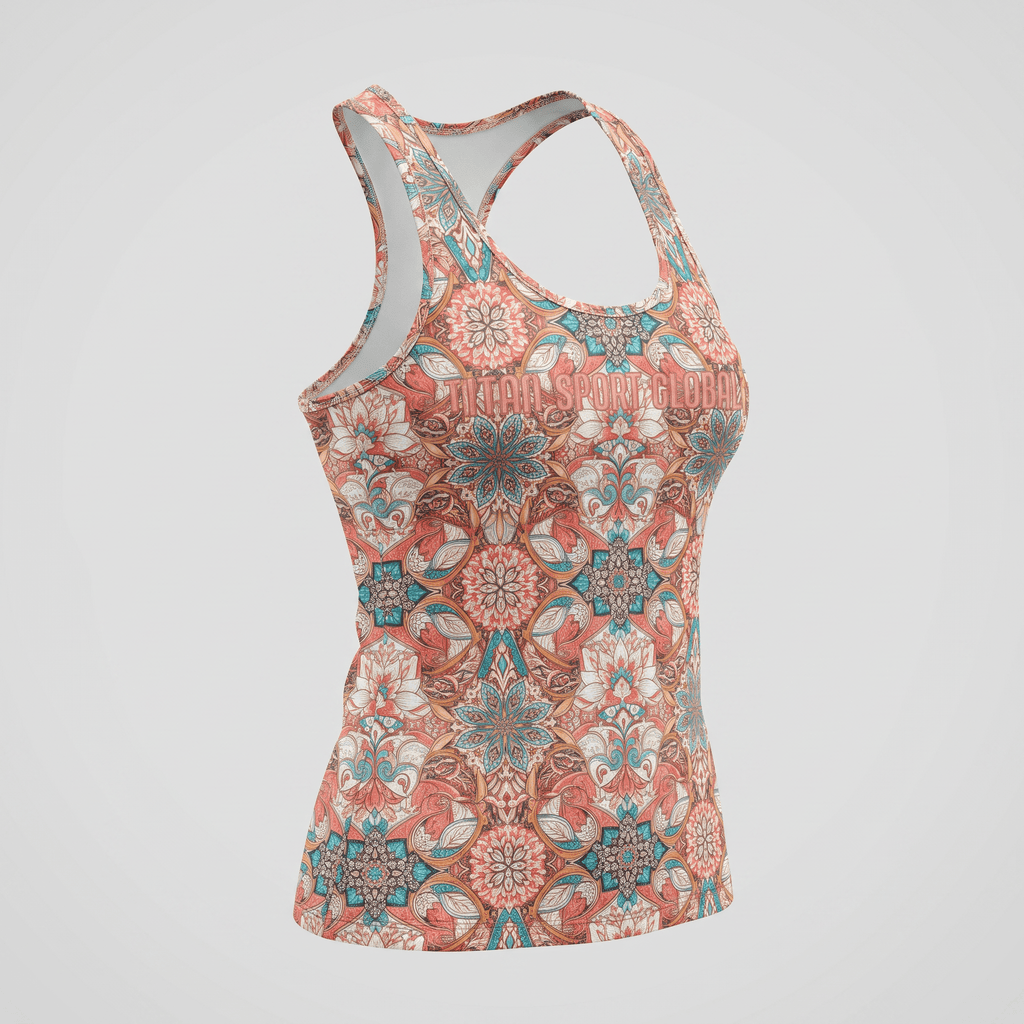 Women's red and blue floral pattern racerback tank top with Titan Sport Global logo on front.