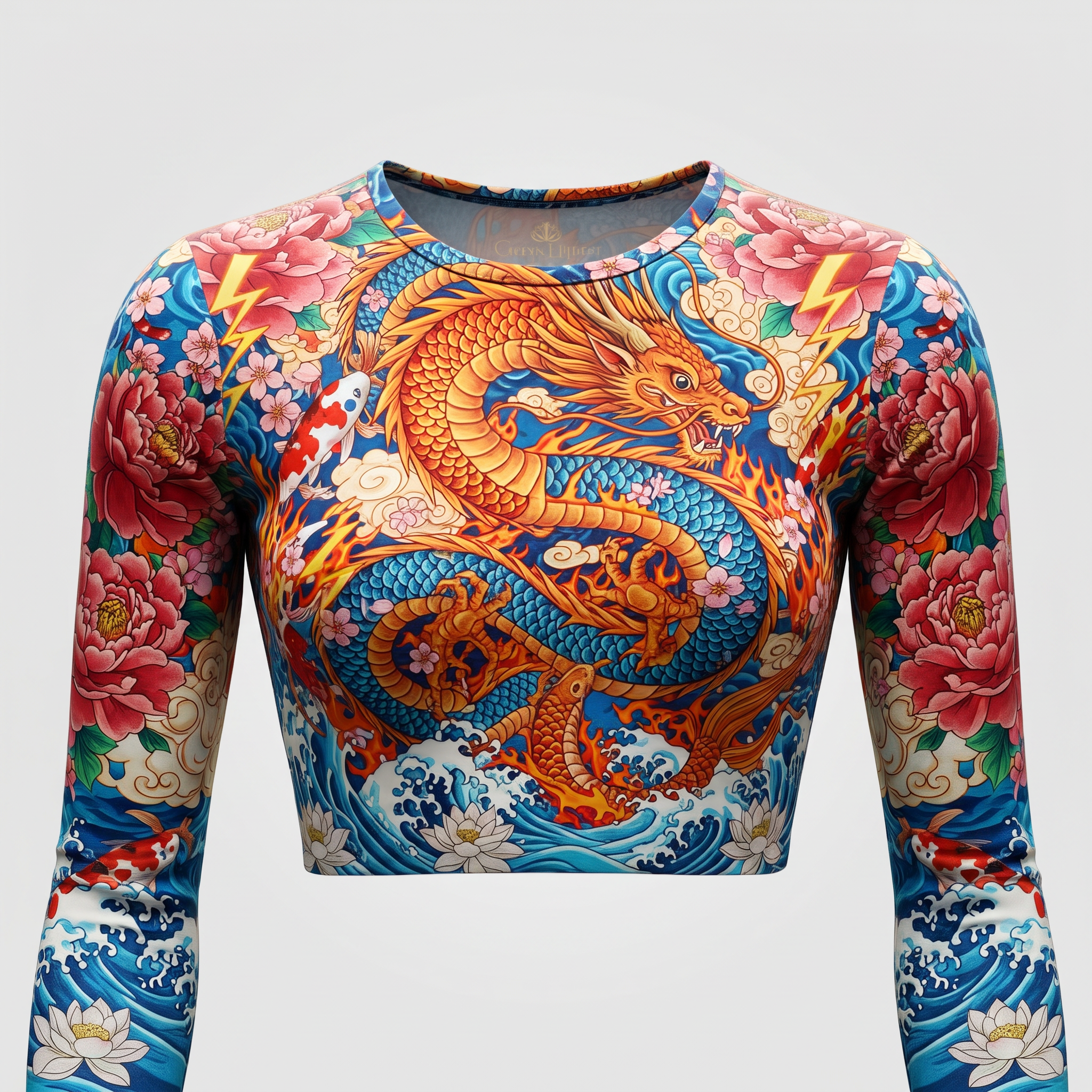 Long-sleeve crop top featuring a vibrant Japanese dragon, cherry blossoms, and blue waves.