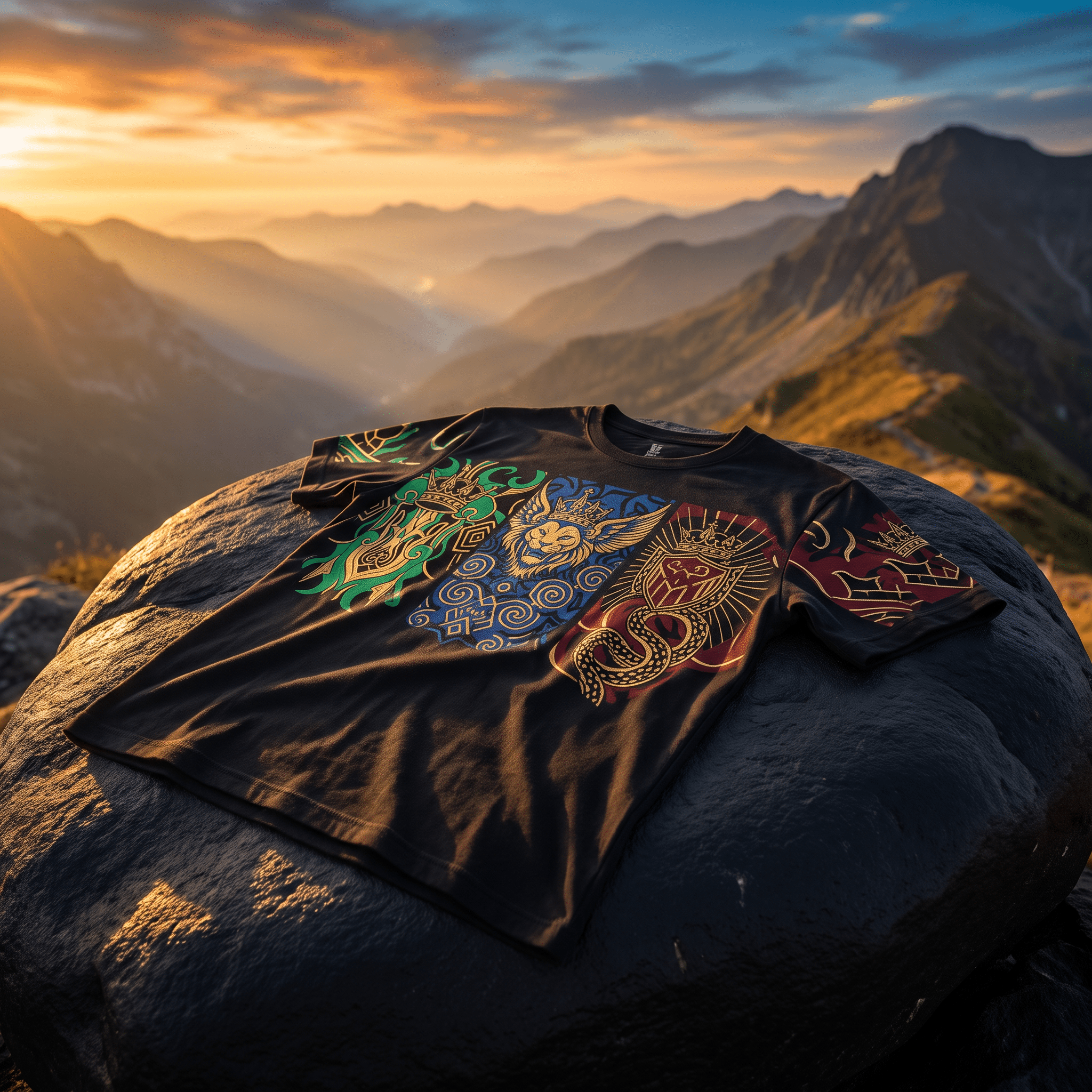 Black T-shirt with green, blue, and red ornate heraldic lion designs on a mountain rock at sunset.