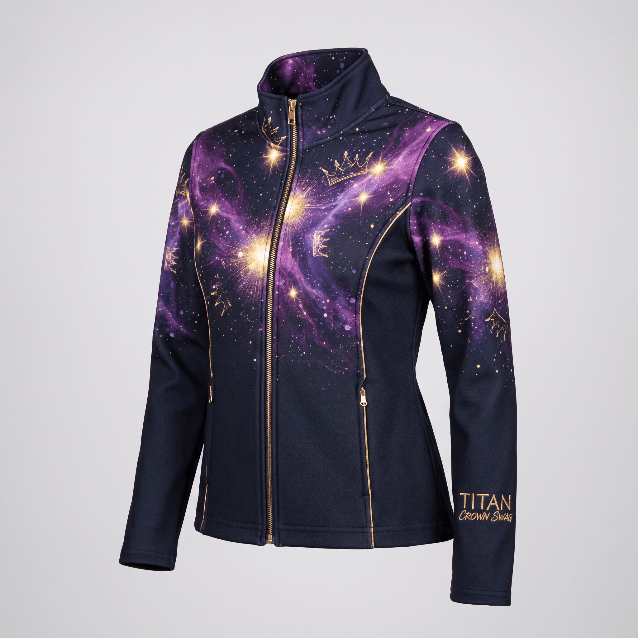 Purple galaxy print zip-up jacket with gold crown accents and Titan Crown Swag text on the sleeve.