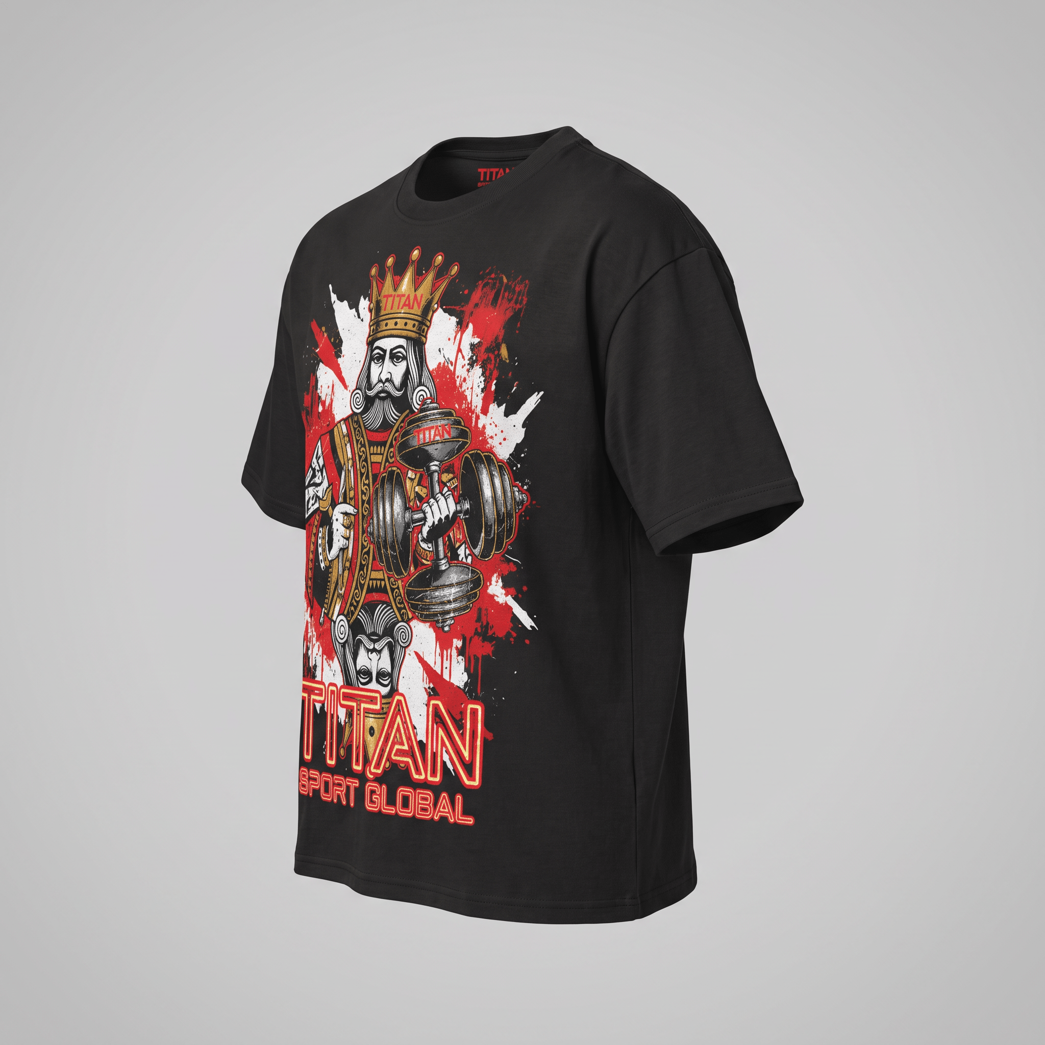 Black t-shirt featuring a graphic of a crowned king lifting a barbell with Titan Sport Global text.