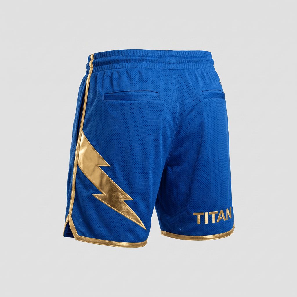 Back view of blue mesh athletic shorts with gold lightning bolt graphic and Titan logo.